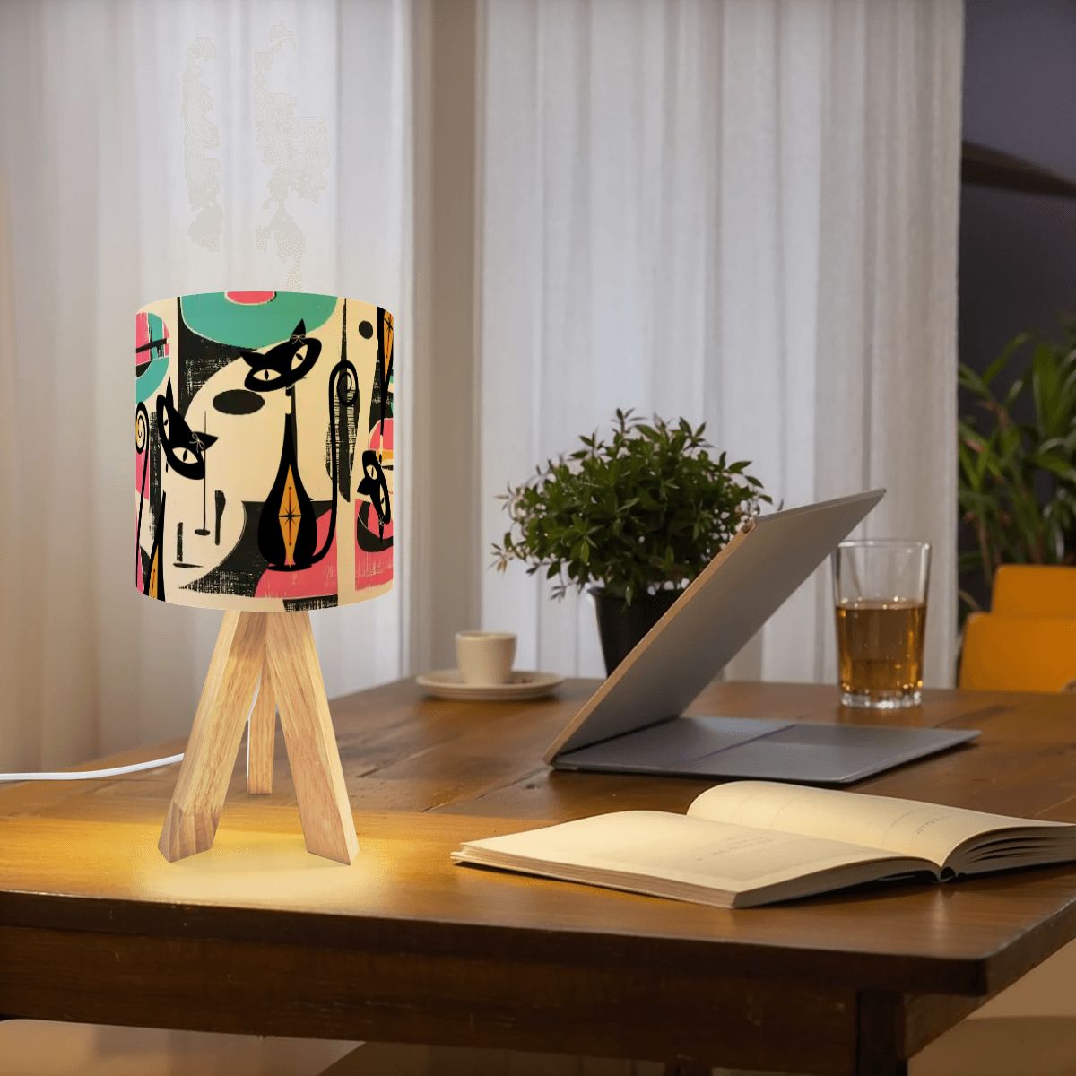 Kate McEnroe New York Retro Atomic Cat Abstract Tripod Table Lamp, Mid Century Modern Desk Light, MCM Artist&