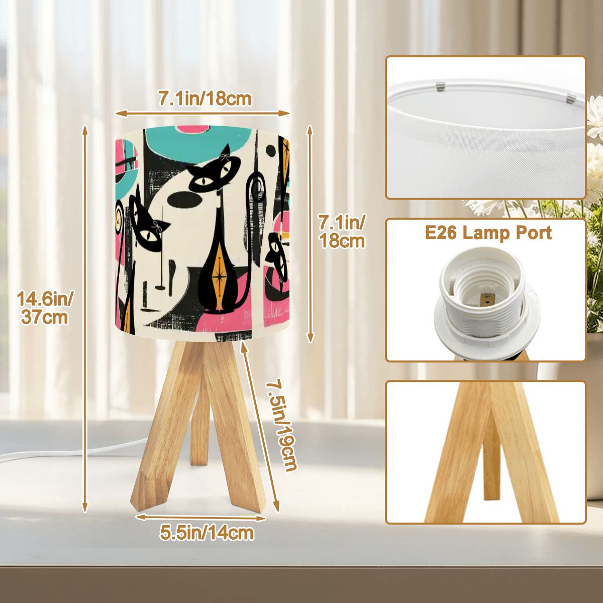 Kate McEnroe New York Retro Atomic Cat Abstract Tripod Table Lamp, Mid Century Modern Desk Light, MCM Artist&