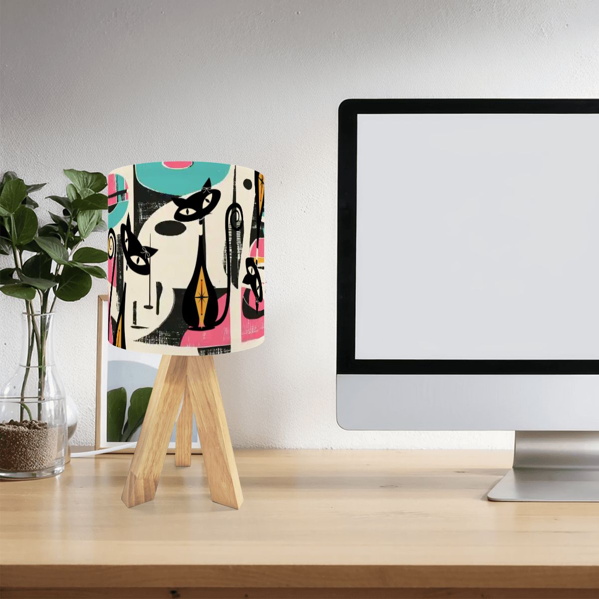 Kate McEnroe New York Retro Atomic Cat Abstract Tripod Table Lamp, Mid Century Modern Desk Light, MCM Artist&