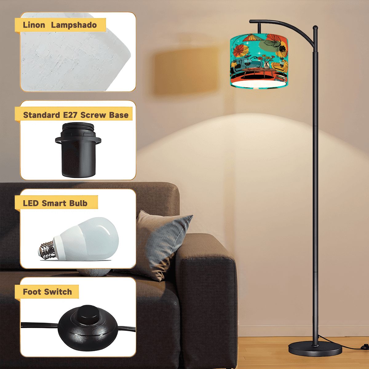Kate McEnroe New York Retro Atomic Cat Arc Floor Lamp, Mid Century Modern Lounge Light, MCM Bookish Starburst Reading LampFloor LampsJ39PnmhAPh