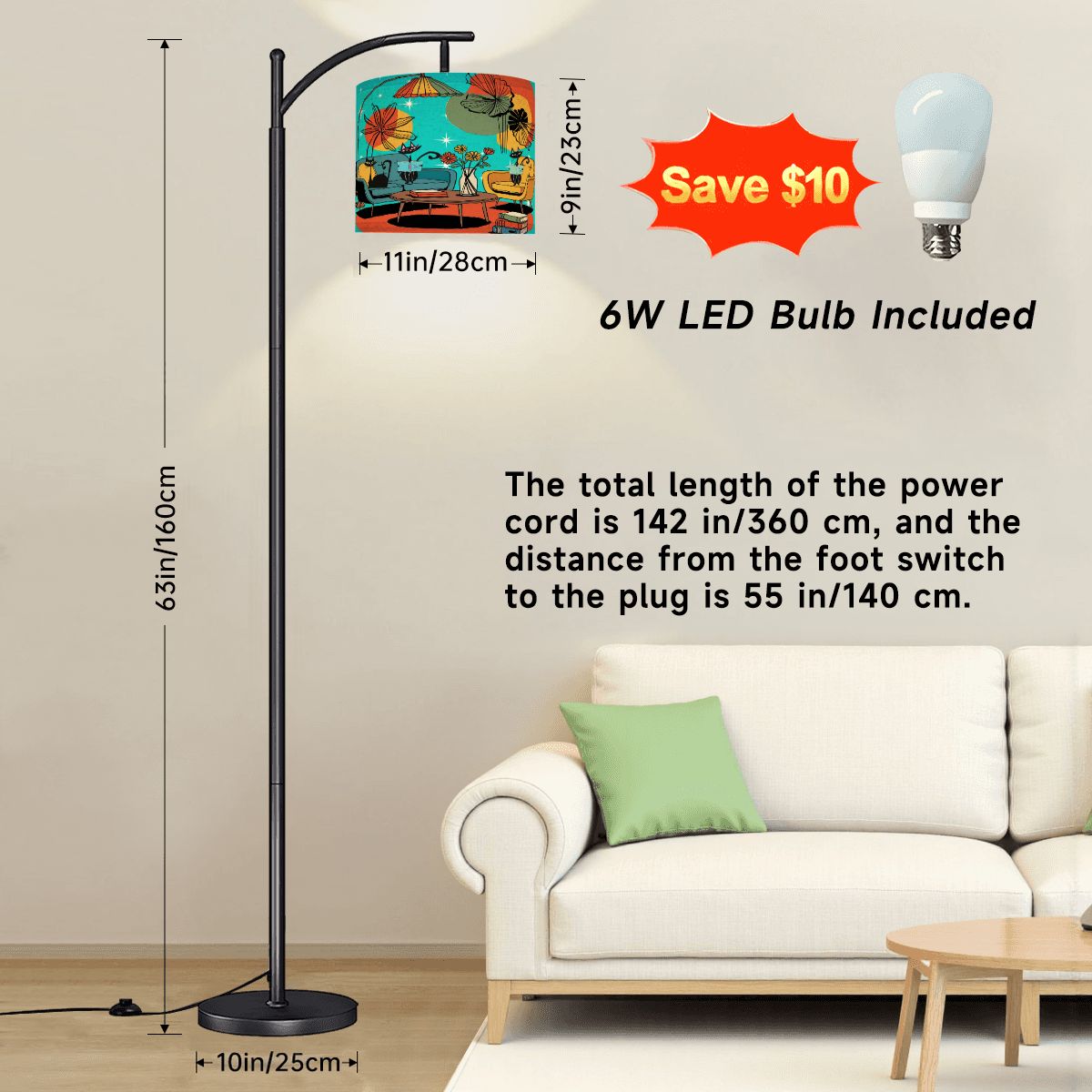 Kate McEnroe New York Retro Atomic Cat Arc Floor Lamp, Mid Century Modern Lounge Light, MCM Bookish Starburst Reading LampFloor LampsJ39PnmhAPh