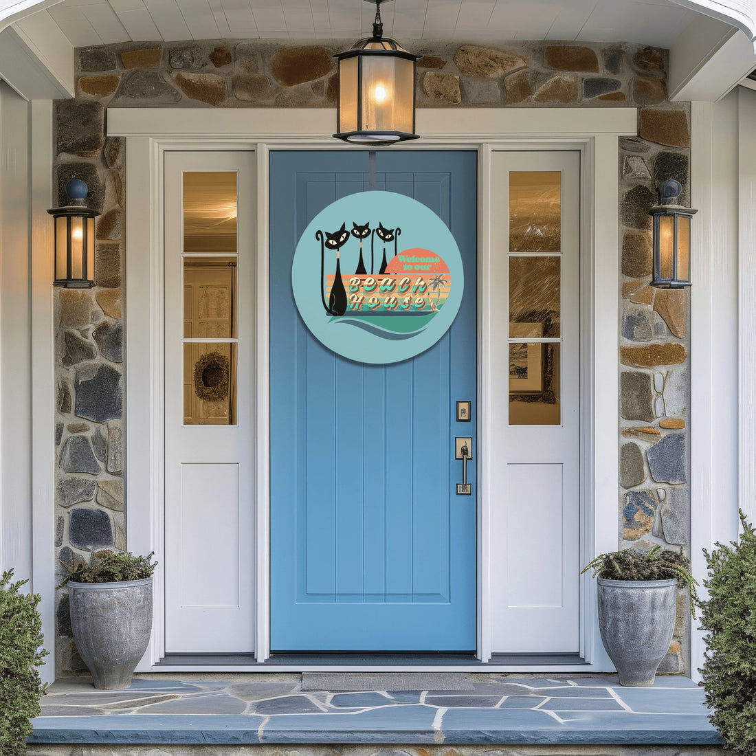 Kate McEnroe New York Retro Atomic Cat Beach House Welcome Door Sign, Mid Century Modern Wood Entry Decor 12&quot; (Round)Door HangersPMH58 - 12.2460790