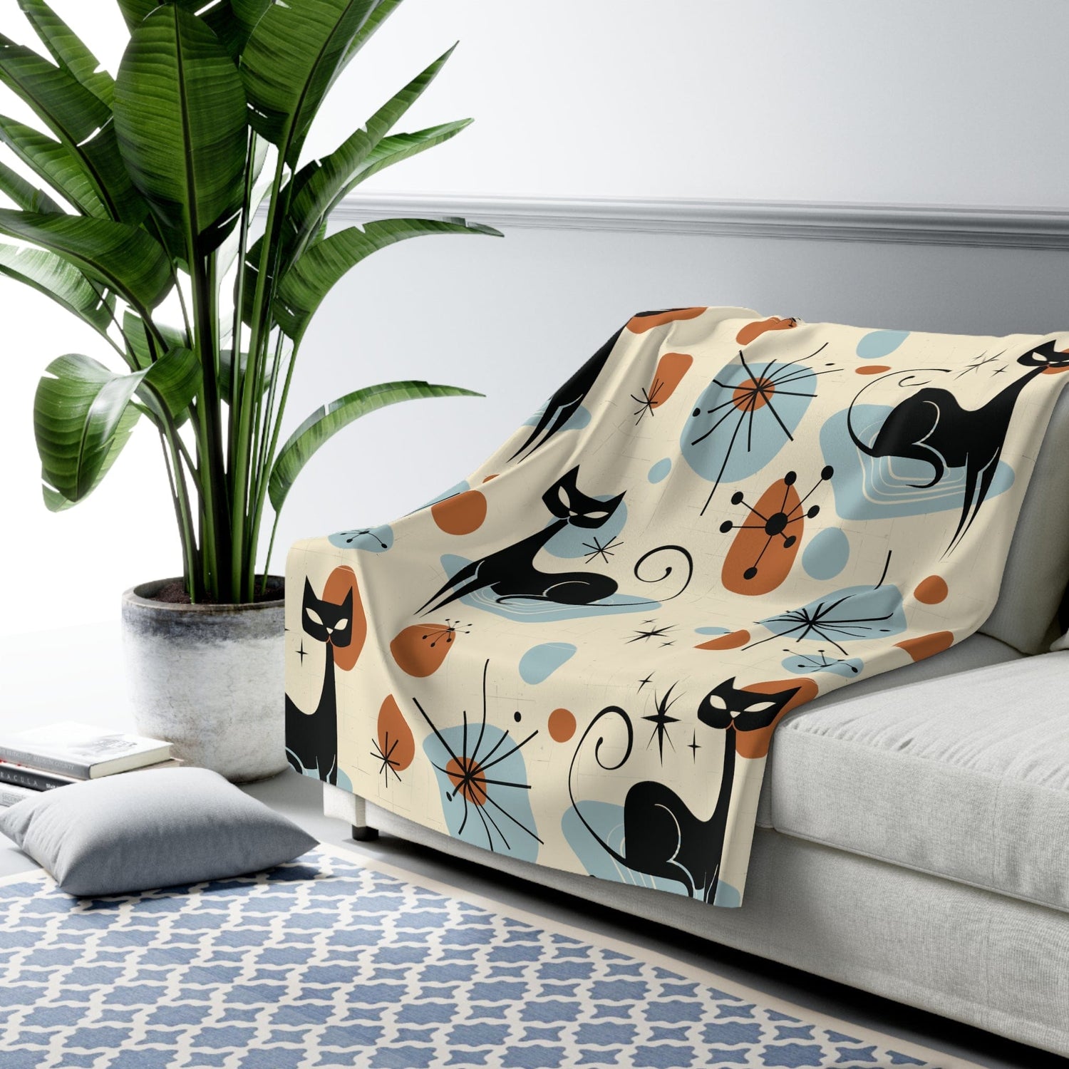 Kate McEnroe New York Retro Atomic Cat Blanket, Mid Century Modern Sherpa Fleece Throw, MCM Starburst Cozy Home DecorBlankets21405820482776553000