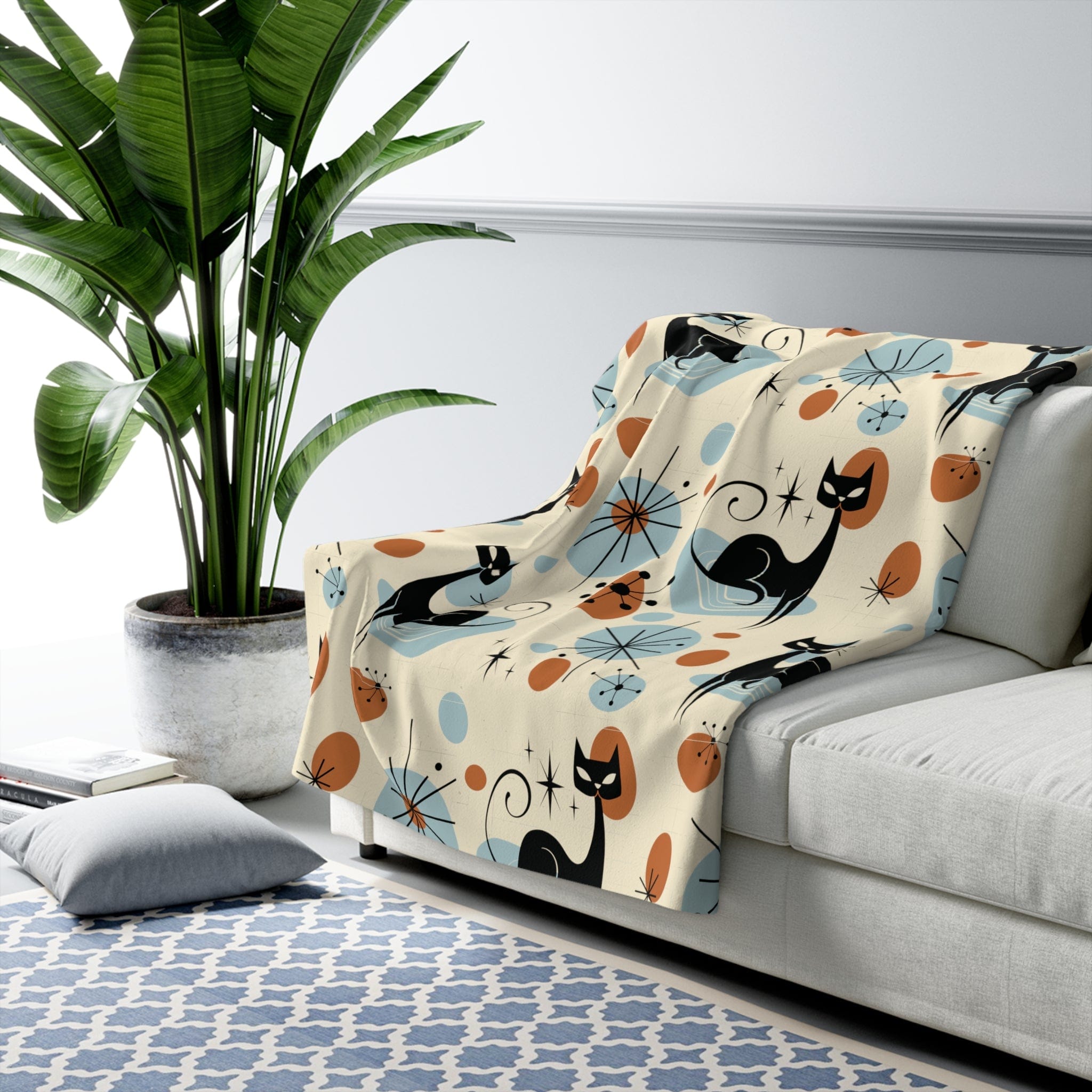 Kate McEnroe New York Retro Atomic Cat Blanket, Mid Century Modern Sherpa Fleece Throw, MCM Starburst Cozy Home DecorBlankets23751926850784098218