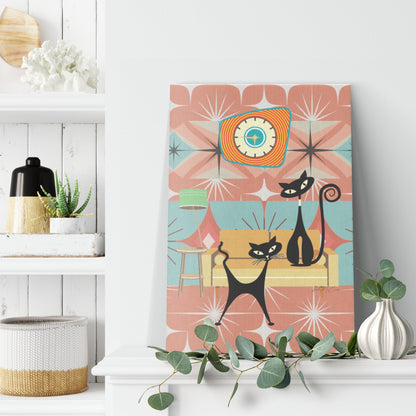 Kate McEnroe New York Retro Atomic Cat Canvas Art, Mid Century Modern Starburst Wall Decor, Teal and Orange 1950s ArtCanvas Wall Art139004