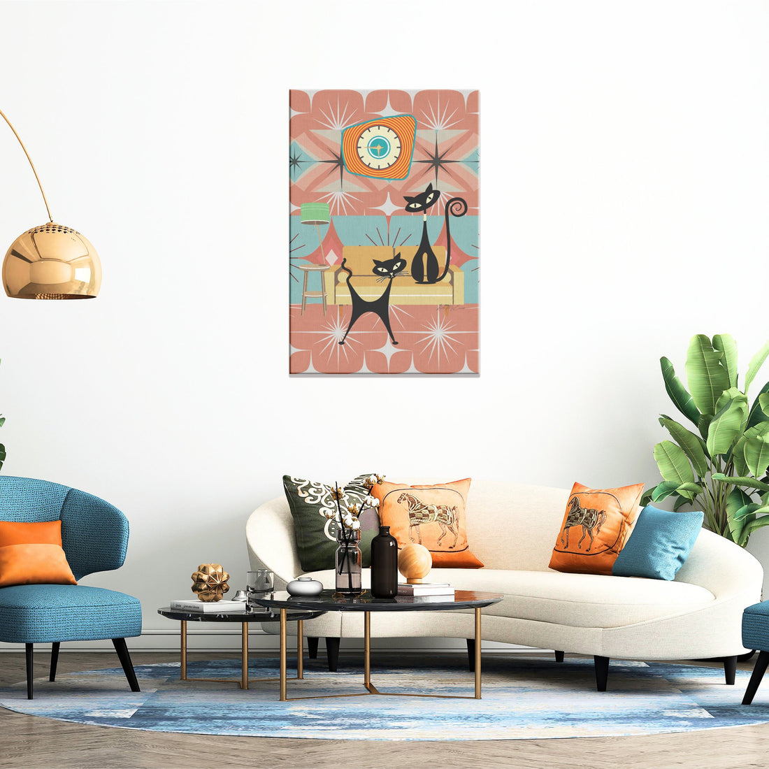 Kate McEnroe New York Retro Atomic Cat Canvas Art, Mid Century Modern Starburst Wall Decor, Teal and Orange 1950s ArtCanvas Wall Art139004