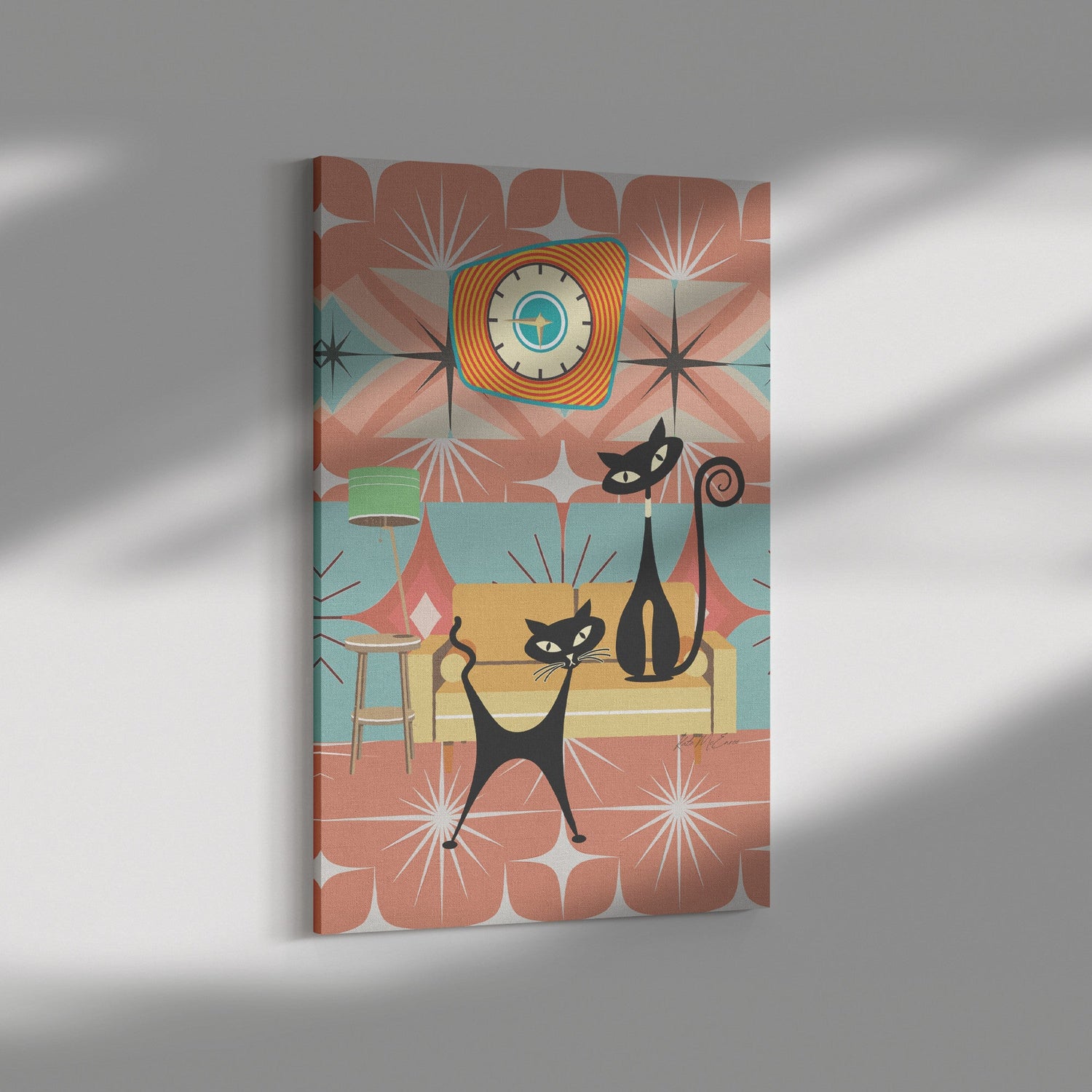 Kate McEnroe New York Retro Atomic Cat Canvas Art, Mid Century Modern Starburst Wall Decor, Teal and Orange 1950s ArtCanvas Wall Art139004