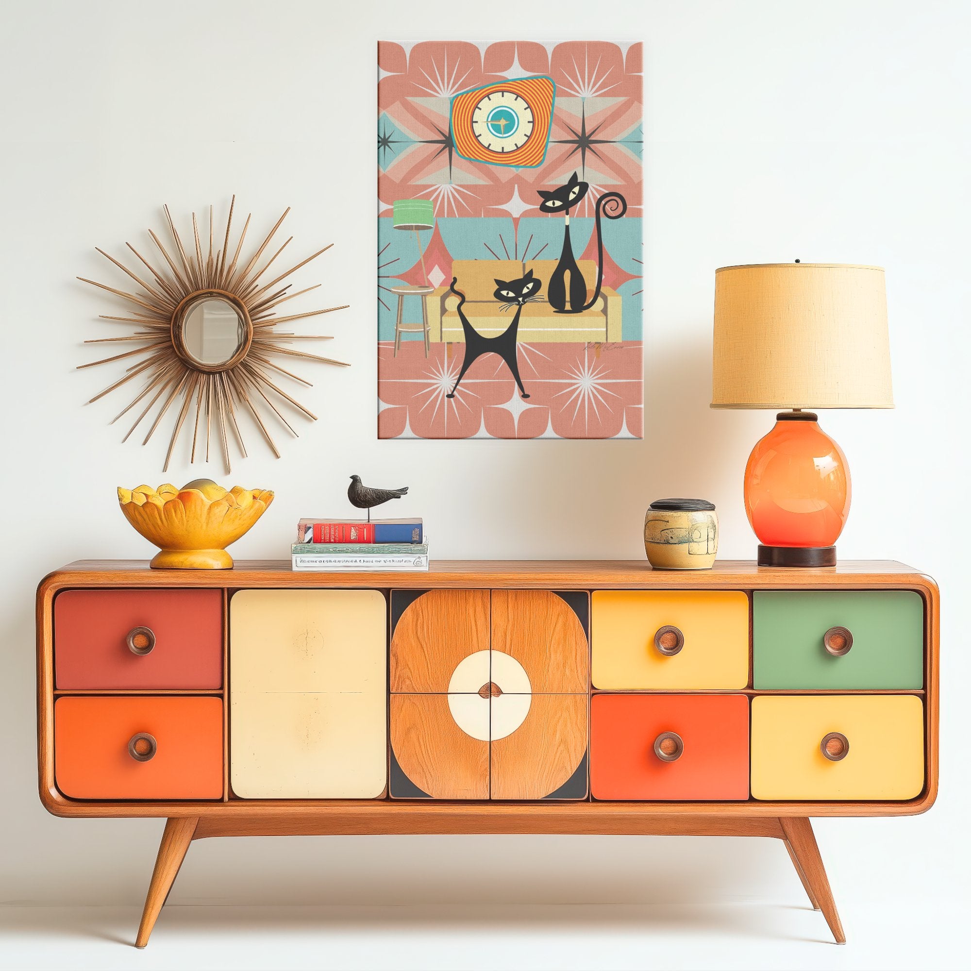 Kate McEnroe New York Retro Atomic Cat Canvas Art, Mid Century Modern Starburst Wall Decor, Teal and Orange 1950s ArtCanvas Wall Art139004