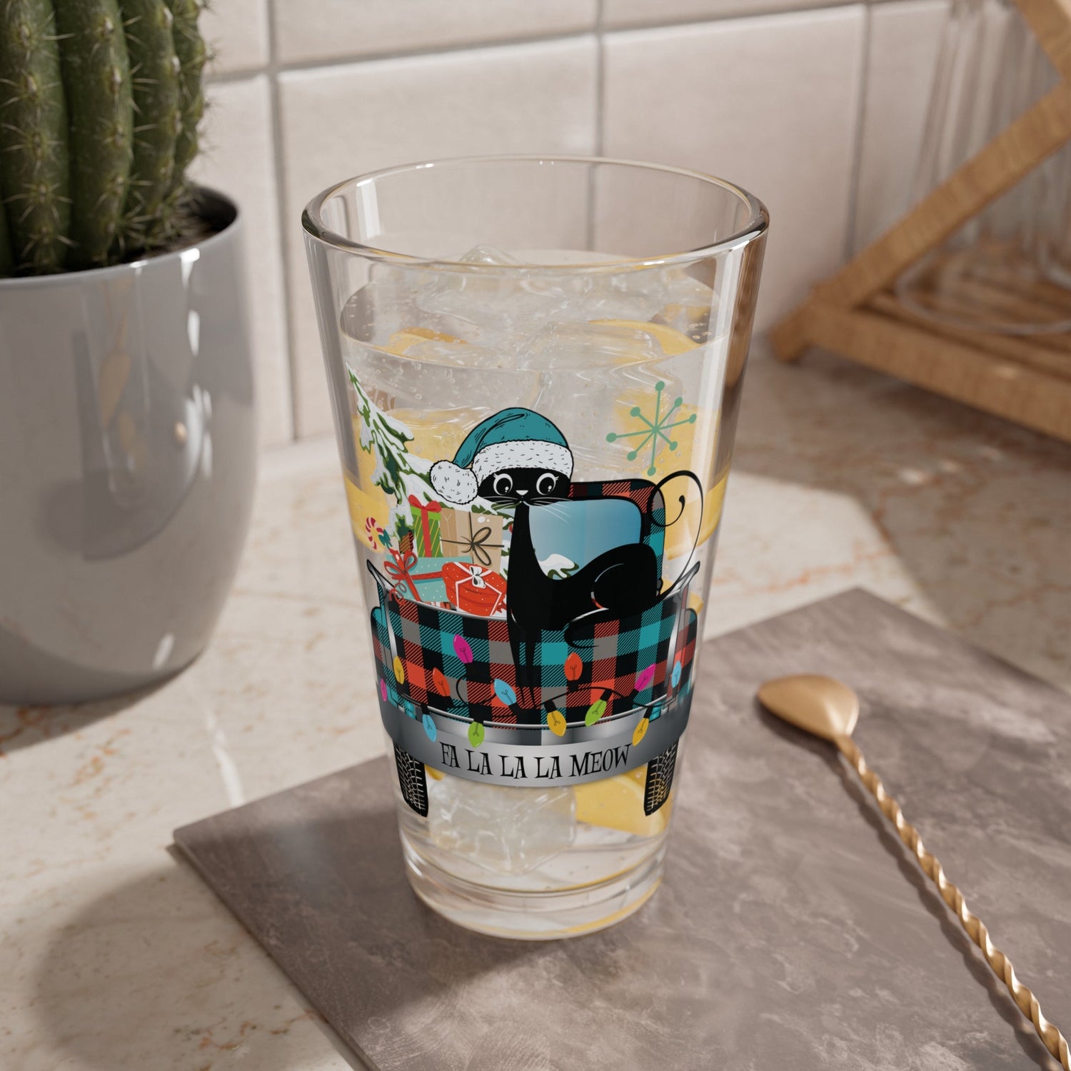 Kate McEnroe New York Retro Atomic Cat Christmas Truck Pint GlassPint Glasses13271339297182182344
