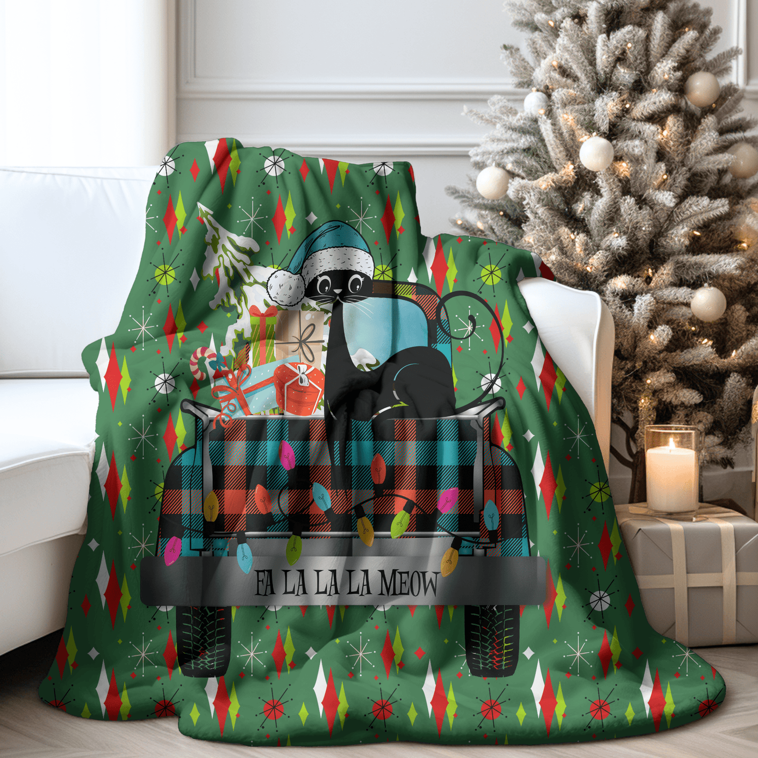 Kate McEnroe New York Retro Atomic Cat Christmas Truck Sherpa Fleece BlanketBlankets11032487525247217145