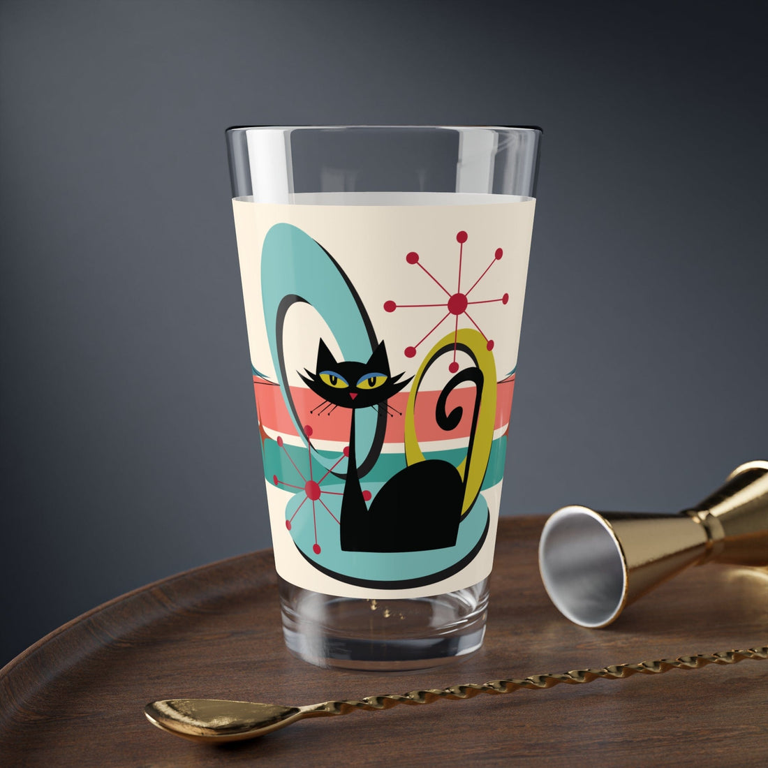 Kate McEnroe New York Retro Atomic Cat Drinkware, Mid Century Modern Barware, 160z MCM Vibrant Whimsy Drinking, Mixing Glass Mixing Glasses 16oz 27427303944982177229
