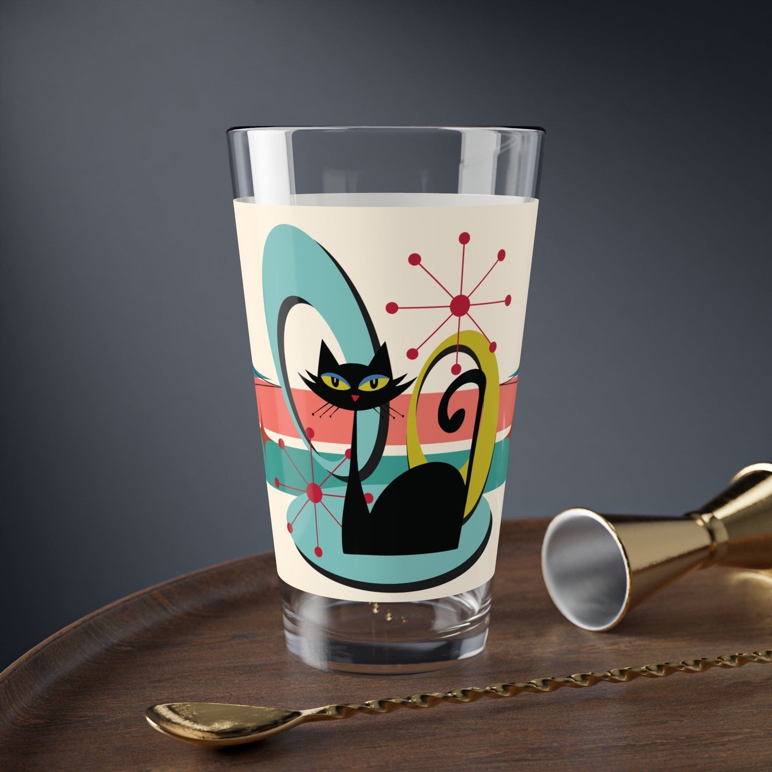 Kate McEnroe New York Retro Atomic Cat Drinkware, Mid Century Modern Barware, 160z MCM Vibrant Whimsy Drinking, Mixing GlassMixing Glasses27427303944982177229