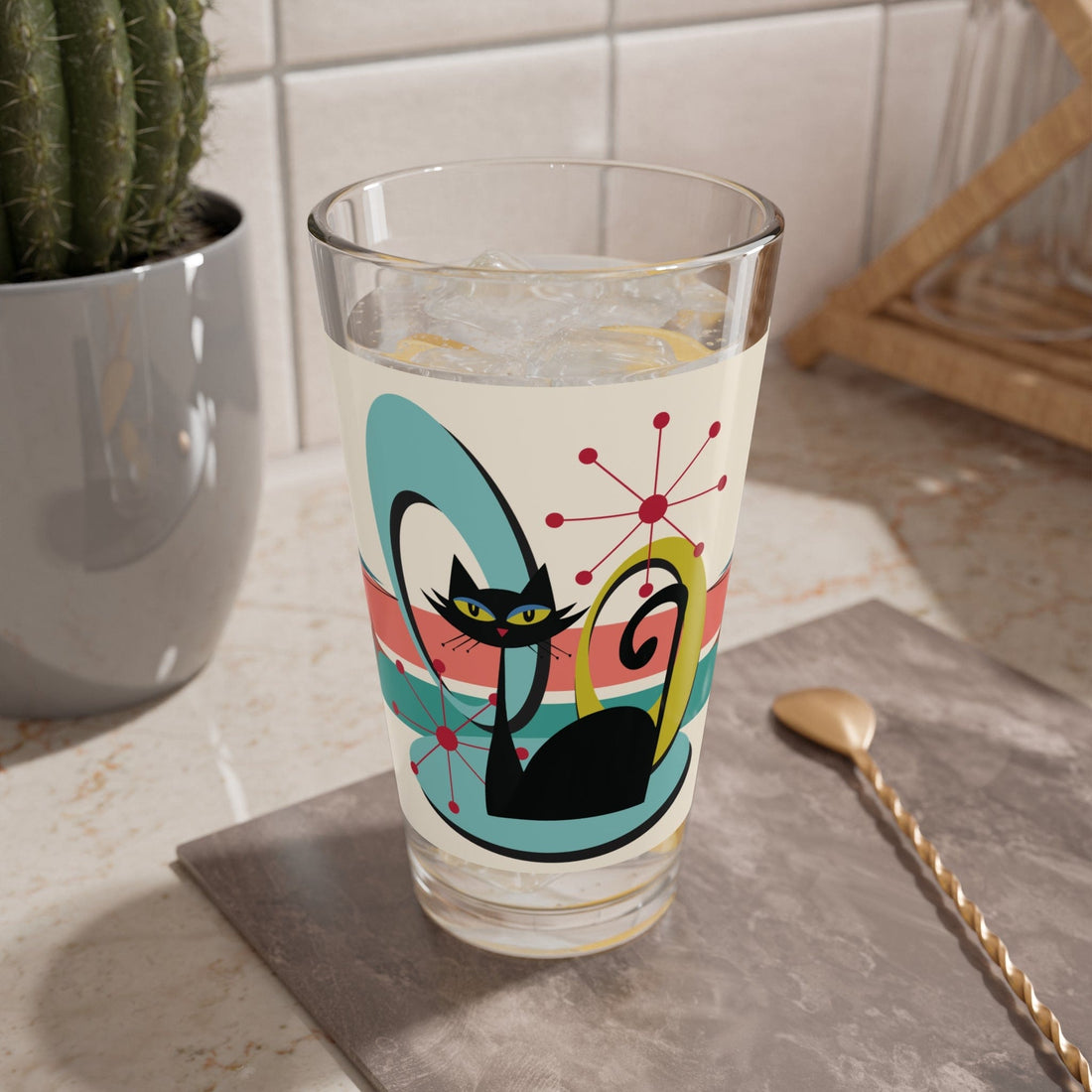 Kate McEnroe New York Retro Atomic Cat Drinkware, Mid Century Modern Barware, 160z MCM Vibrant Whimsy Drinking, Mixing GlassMixing Glasses27427303944982177229