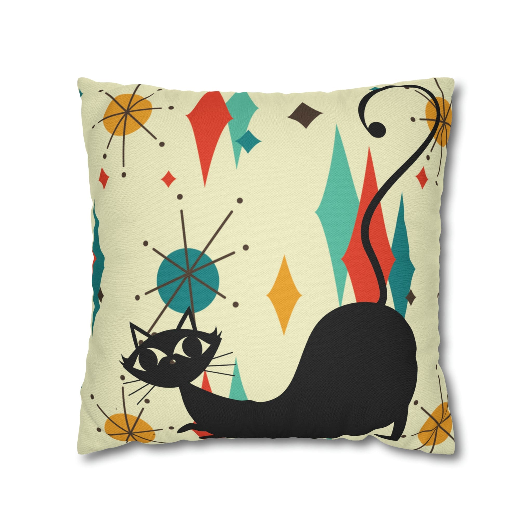 Kate McEnroe New York Retro Atomic Cat Franciscan Diamond Starburst Throw Pillow Covers in Mid Century Modern Orange, Teal, Cream Hues Throw Pillow Covers 18&quot; × 18&quot; 15946875490402798282