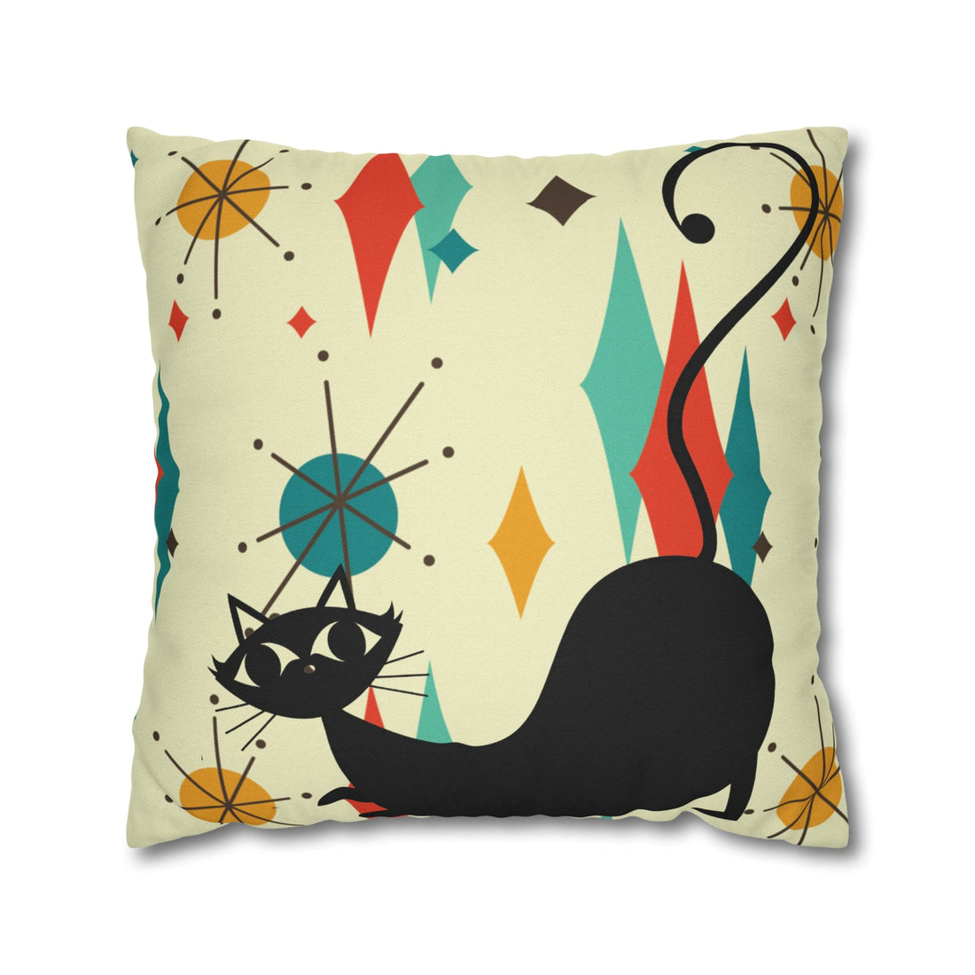 Kate McEnroe New York Retro Atomic Cat Franciscan Diamond Starburst Throw Pillow Covers in Mid Century Modern Orange, Teal, Cream Hues Throw Pillow Covers 20&quot; × 20&quot; 23484792426119013027