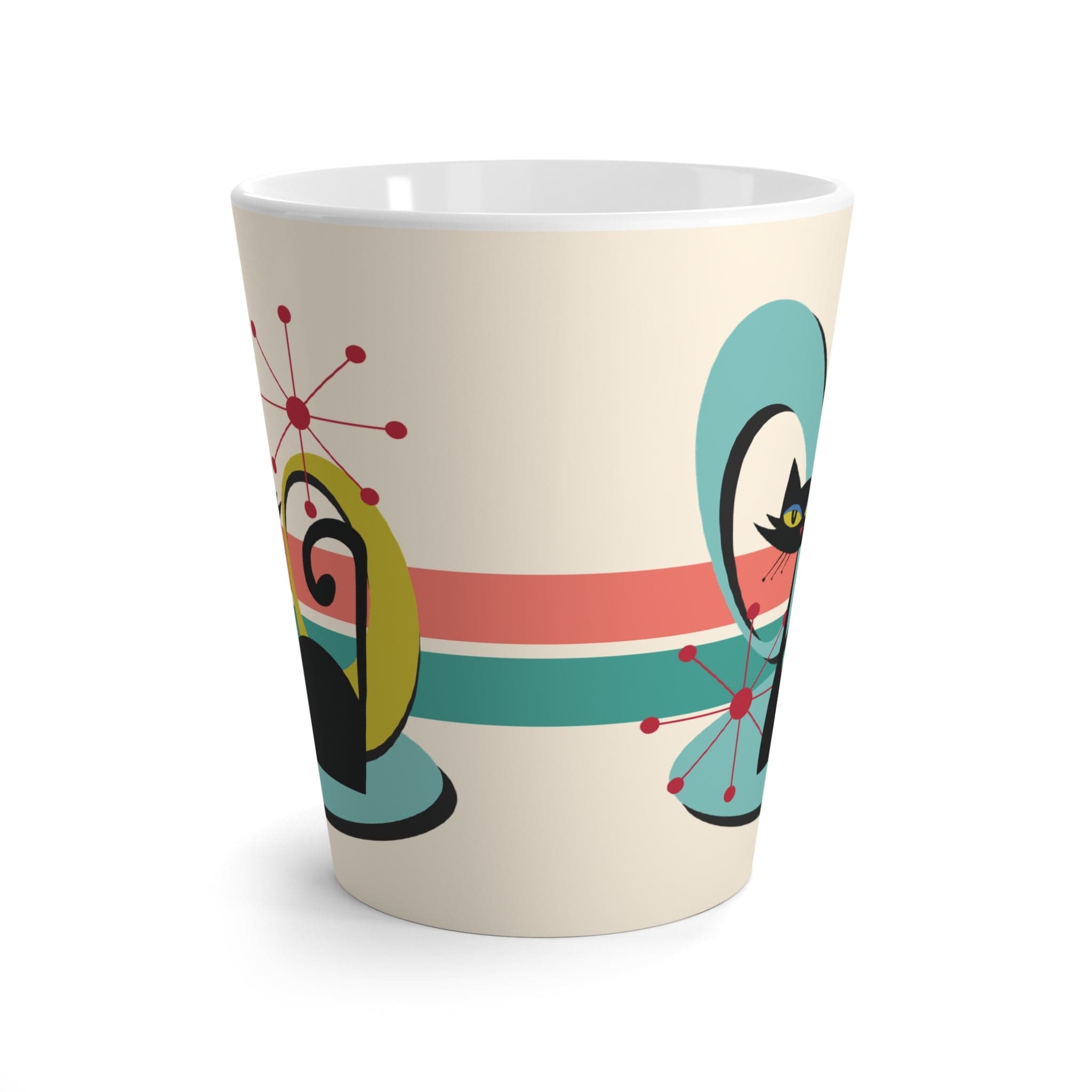 Printify Retro Atomic Cat Latte Mug, Mid Century Modern Coffee Cup, MCM Teal, Beige, Coral Drinkware Mug 12oz 13402436568718818534