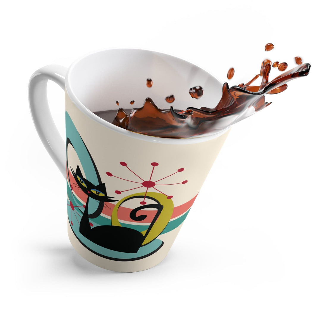 Kate McEnroe New York Retro Atomic Cat Latte Mug, Mid Century Modern Coffee Cup, MCM Teal, Beige, Coral DrinkwareMugs13402436568718818534