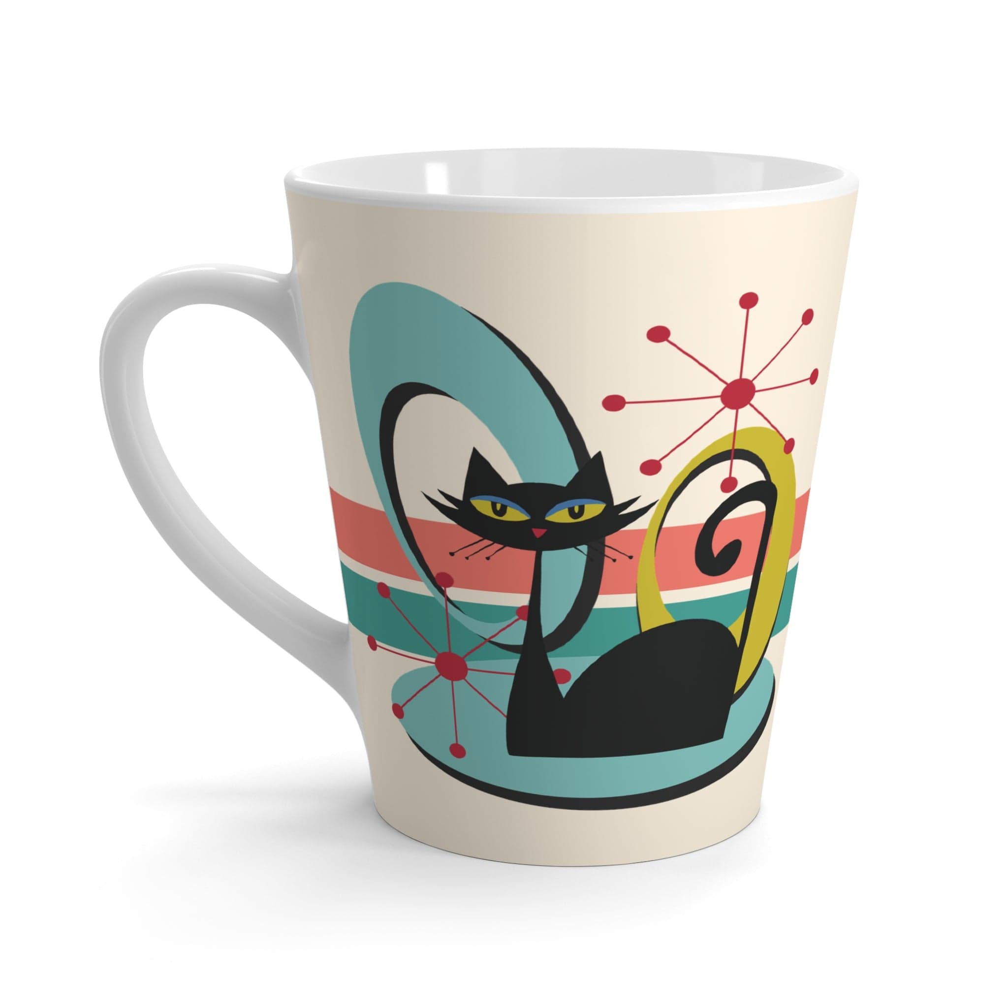 Kate McEnroe New York Retro Atomic Cat Latte Mug, Mid Century Modern Coffee Cup, MCM Teal, Beige, Coral DrinkwareMugs13402436568718818534