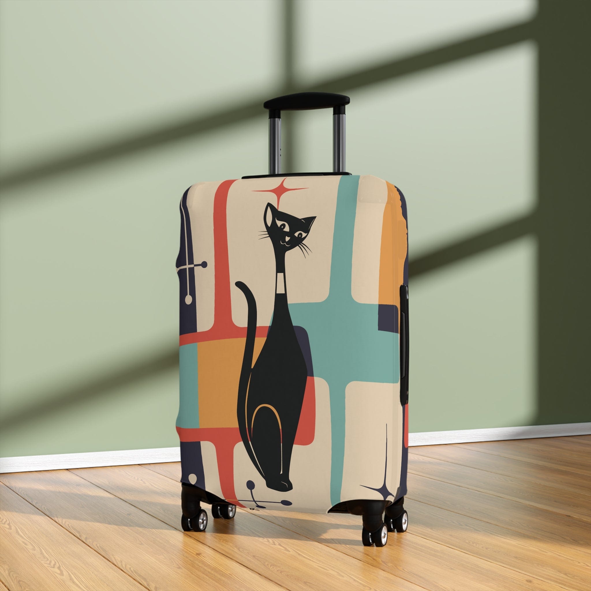 Printify Retro Atomic Cat Luggage Cover, Mid-Century Teal &amp; Mustard Design, Vintage Style Suitcase Protector Accessories 25&