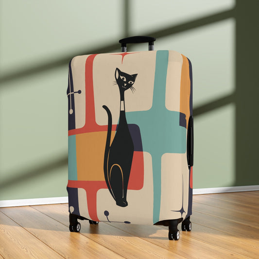 Printify Retro Atomic Cat Luggage Cover, Mid-Century Teal & Mustard Design, Vintage Style Suitcase Protector Accessories 28'' × 20'' 30286704463193872923