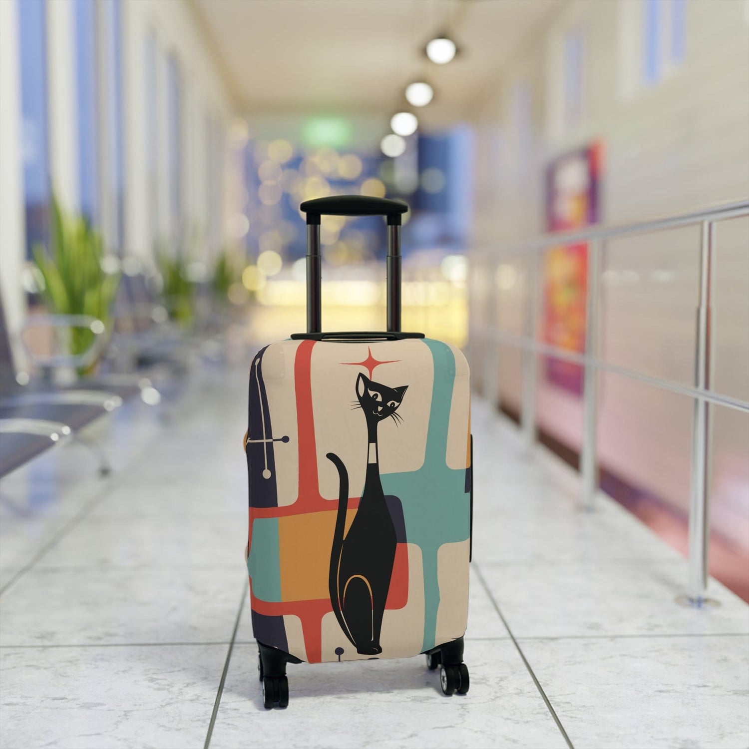 Printify Retro Atomic Cat Luggage Cover, Mid-Century Teal &amp; Mustard Design, Vintage Style Suitcase Protector Accessories