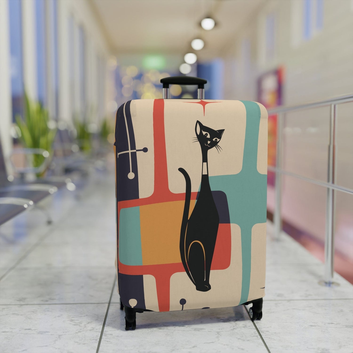 Printify Retro Atomic Cat Luggage Cover, Mid-Century Teal &amp; Mustard Design, Vintage Style Suitcase Protector Accessories