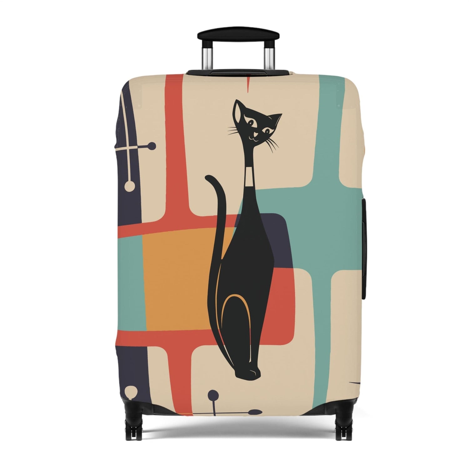 Kate McEnroe New York Retro Atomic Cat Luggage Cover, Mid-Century Teal &amp; Mustard Design, Vintage Style Suitcase Protector Luggage Covers