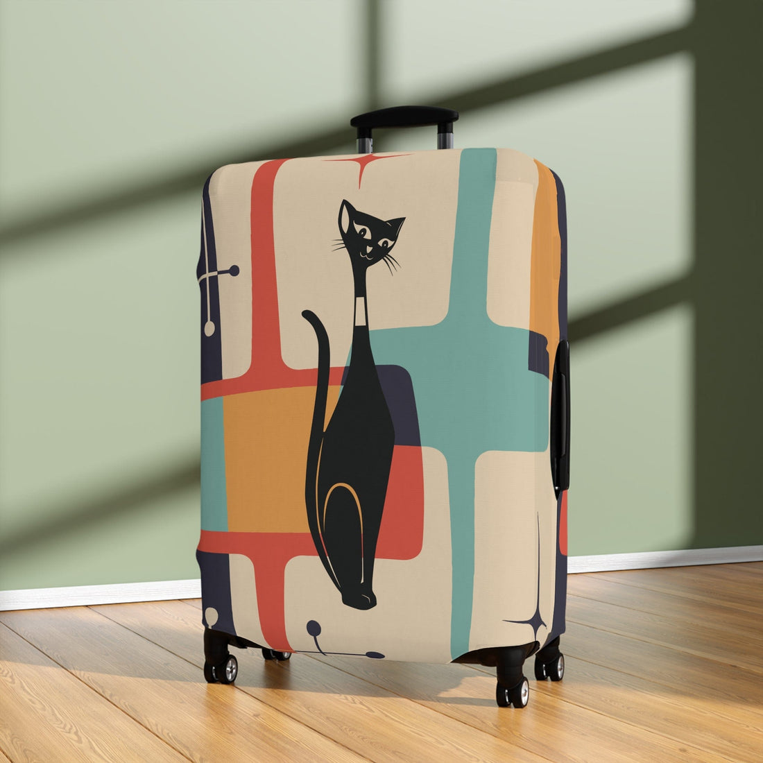 Kate McEnroe New York Retro Atomic Cat Luggage Cover, Mid - Century Teal &amp; Mustard Design, Vintage Style Suitcase ProtectorLuggage Covers30286704463193872923