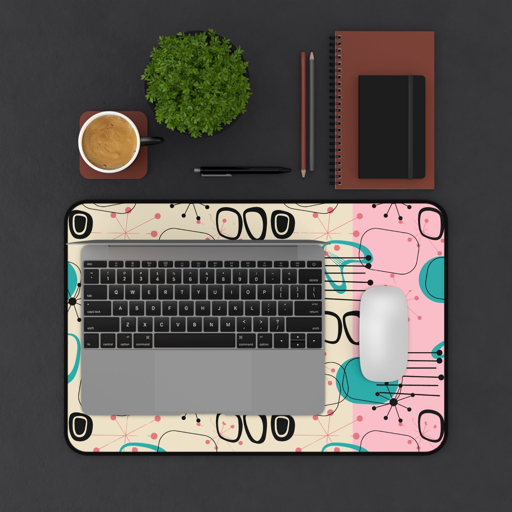 Kate McEnroe New York Retro Atomic Cat Mid Century Modern Desk Mat, MCM Pink, Turquoise Black Geometric Starburst Office AccessoryDesk Pads13910576325856626207