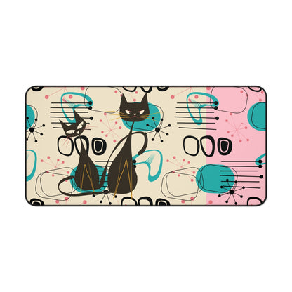 Kate McEnroe New York Retro Atomic Cat Mid Century Modern Desk Mat, MCM Pink, Turquoise Black Geometric Starburst Office AccessoryDesk Pads13910576325856626207