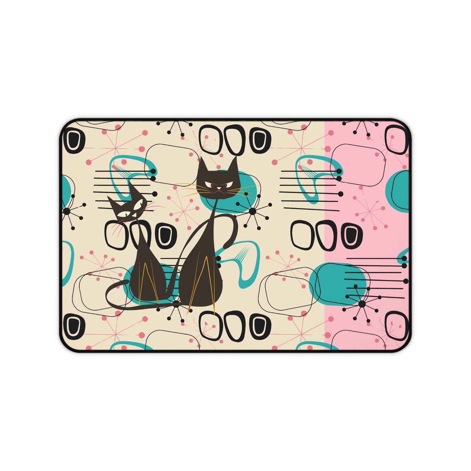 Kate McEnroe New York Retro Atomic Cat Mid Century Modern Desk Mat, MCM Pink, Turquoise Black Geometric Starburst Office AccessoryDesk Pads13910576325856626207