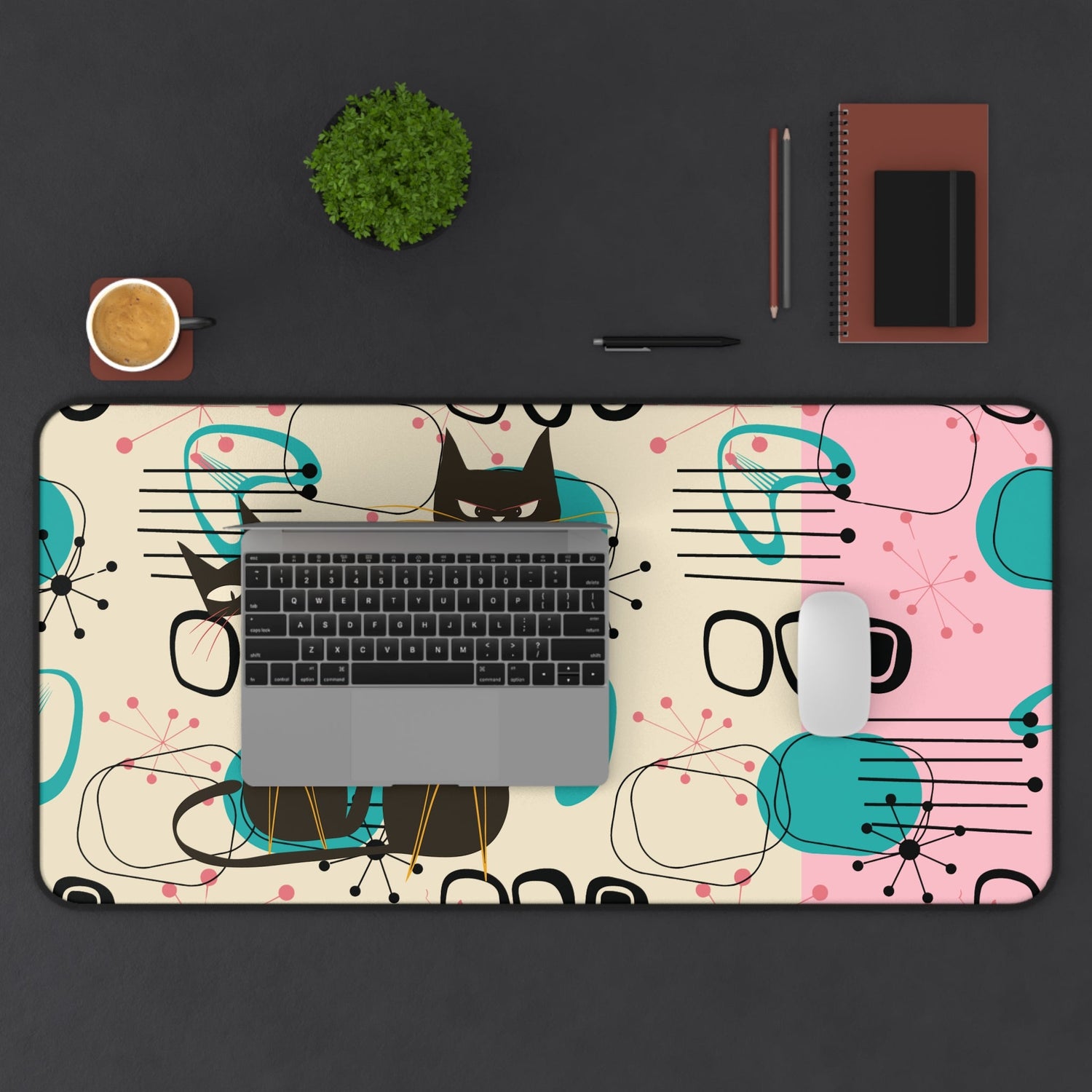 Kate McEnroe New York Retro Atomic Cat Mid Century Modern Desk Mat, MCM Pink, Turquoise Black Geometric Starburst Office AccessoryDesk Pads13910576325856626207