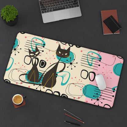 Kate McEnroe New York Retro Atomic Cat Mid Century Modern Desk Mat, MCM Pink, Turquoise Black Geometric Starburst Office AccessoryDesk Pads13910576325856626207