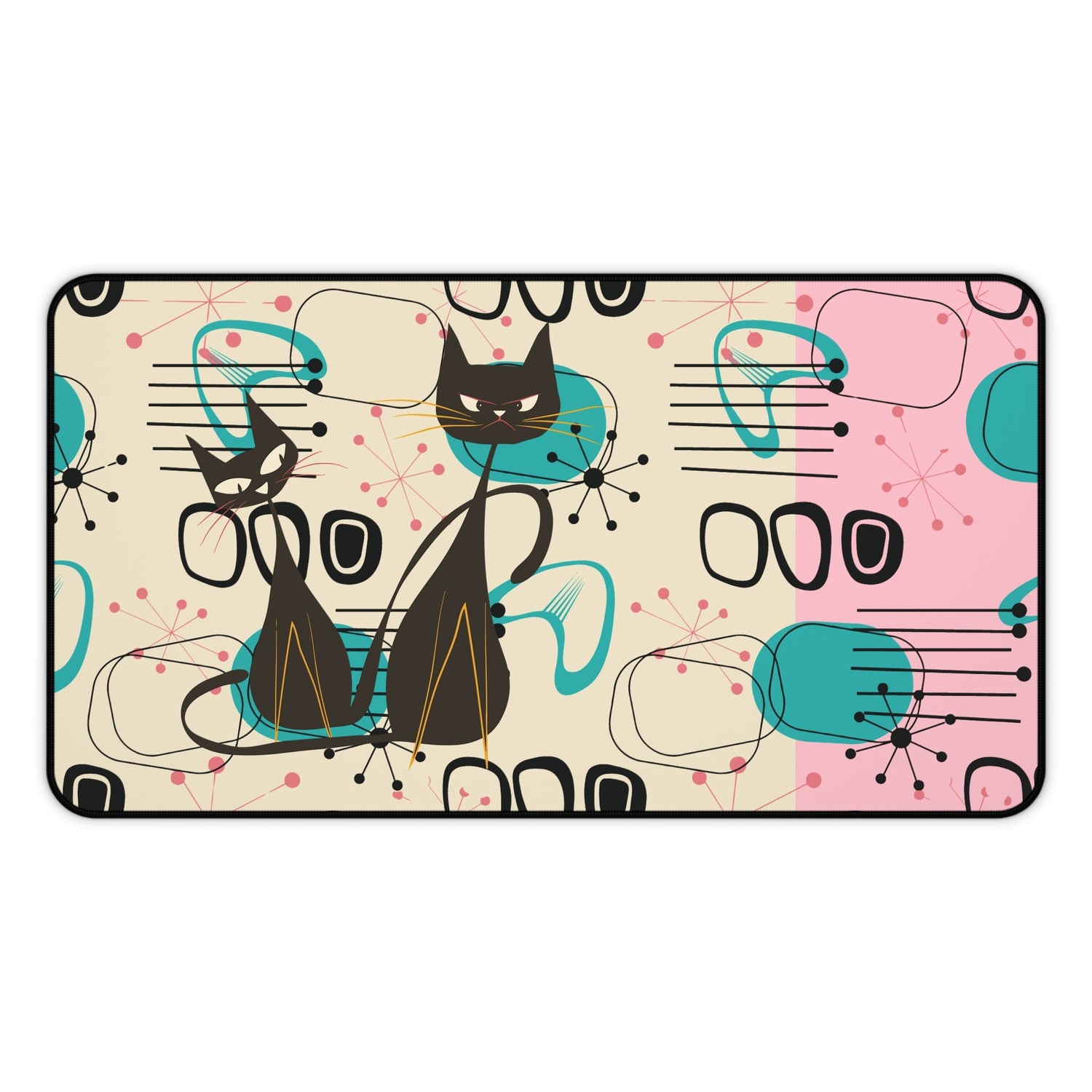 Kate McEnroe New York Retro Atomic Cat Mid Century Modern Desk Mat, MCM Pink, Turquoise Black Geometric Starburst Office AccessoryDesk Pads13910576325856626207