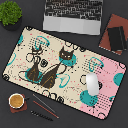 Kate McEnroe New York Retro Atomic Cat Mid Century Modern Desk Mat, MCM Pink, Turquoise Black Geometric Starburst Office AccessoryDesk Pads21353667840941437671