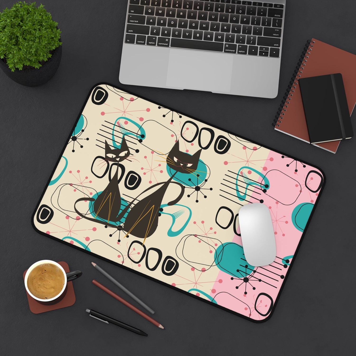 Kate McEnroe New York Retro Atomic Cat Mid Century Modern Desk Mat, MCM Pink, Turquoise Black Geometric Starburst Office AccessoryDesk Pads23170335124407618654