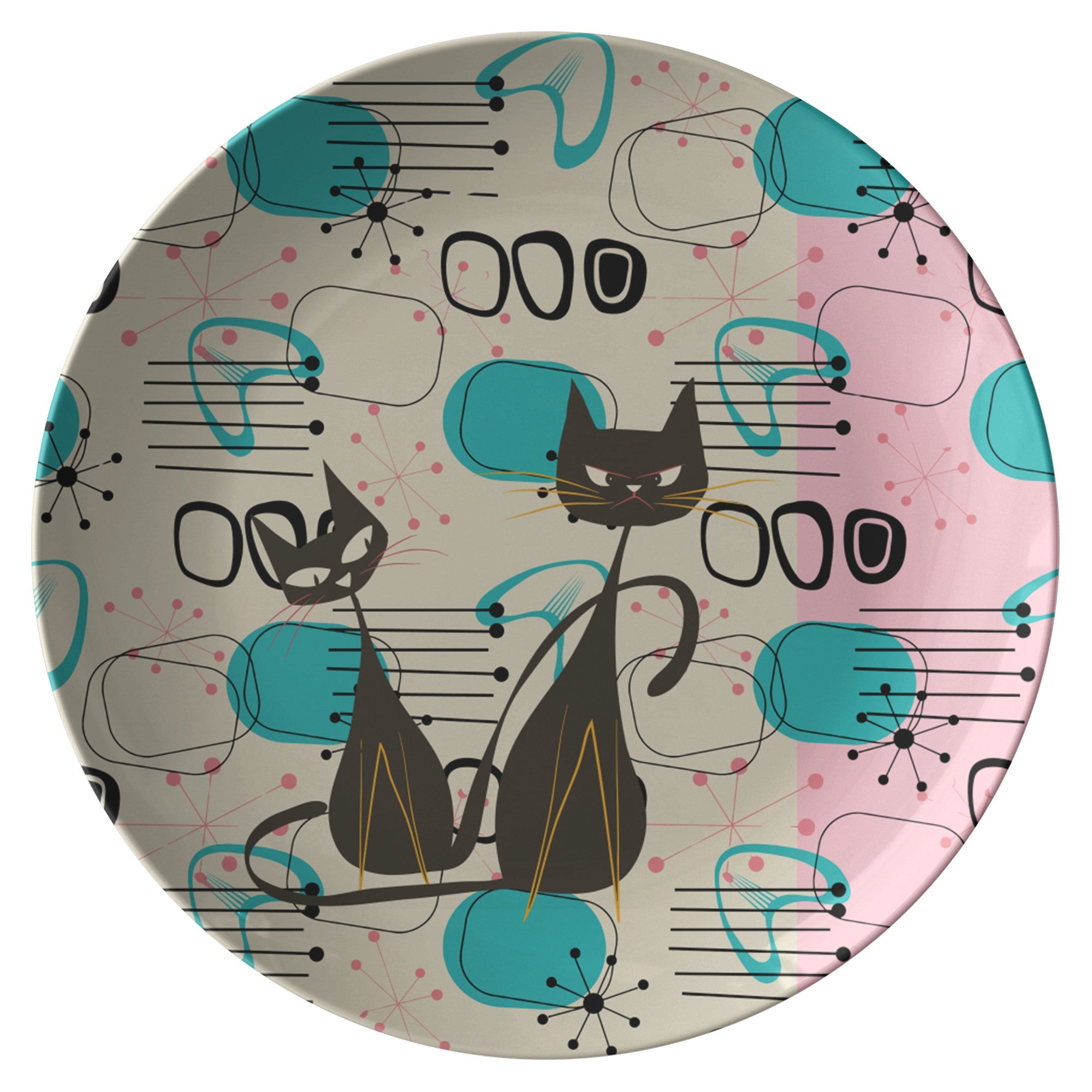 Kate McEnroe New York Retro Atomic Cat Mid Century Modern Dinner Plate, MCM Pink, Turquoise Black Geometric Starburst DinnerwarePlatesP20 - GPY - CAT - 4S