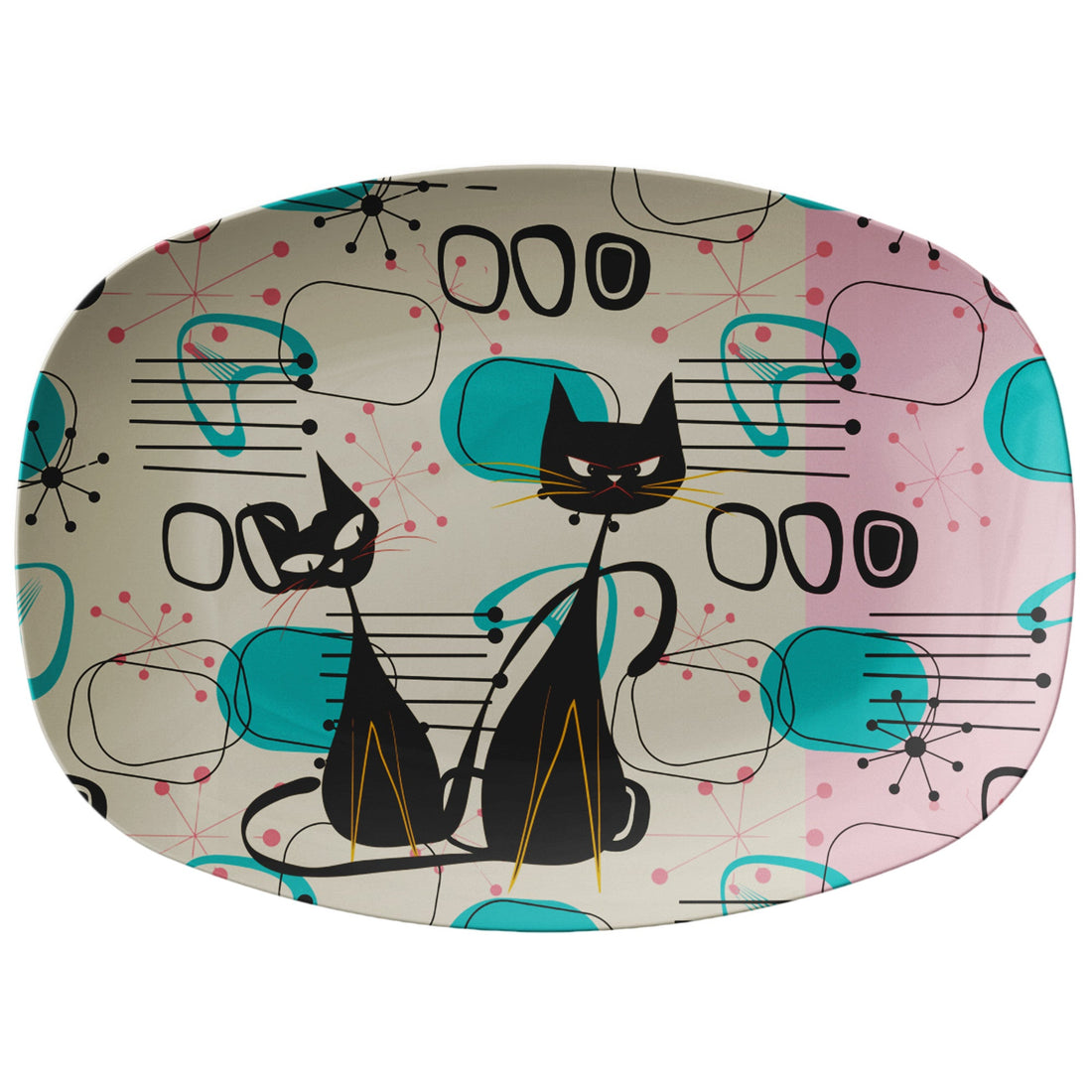 Kate McEnroe New York Retro Atomic Cat Mid Century Modern Platter, MCM Pink, Turquoise Black Geometric Starburst DinnerwareServing PlattersP23 - GPY - CAT - 4