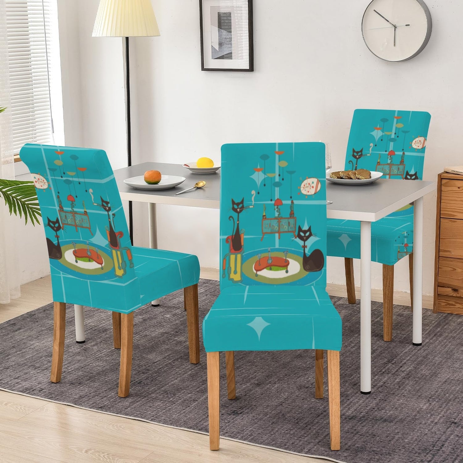 Kate McEnroe New York Retro Atomic Cat Mid Century Modern Turquoise Dining Chair CoversChair SlipcoversD3231154