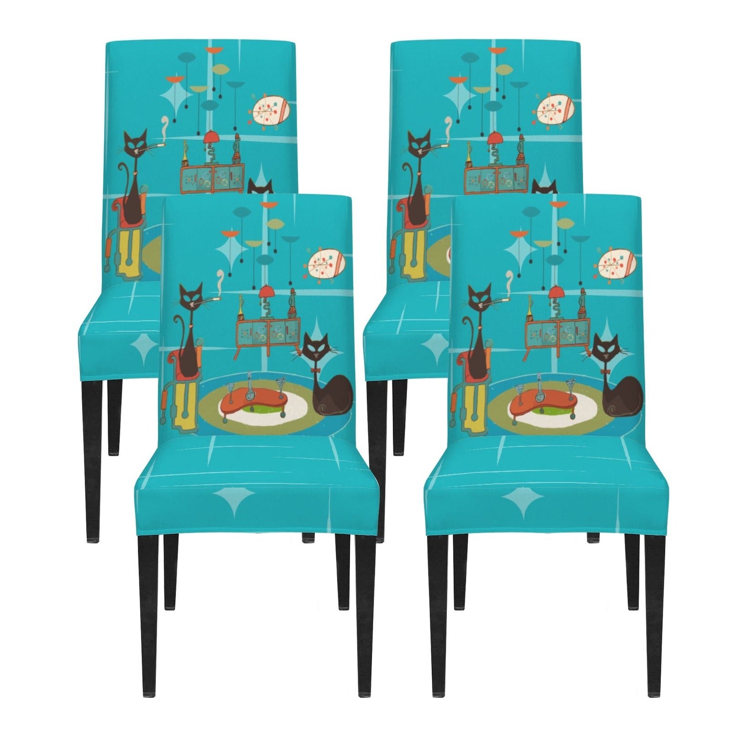 Kate McEnroe New York Retro Atomic Cat Mid Century Modern Turquoise Dining Chair CoversChair SlipcoversD3231154