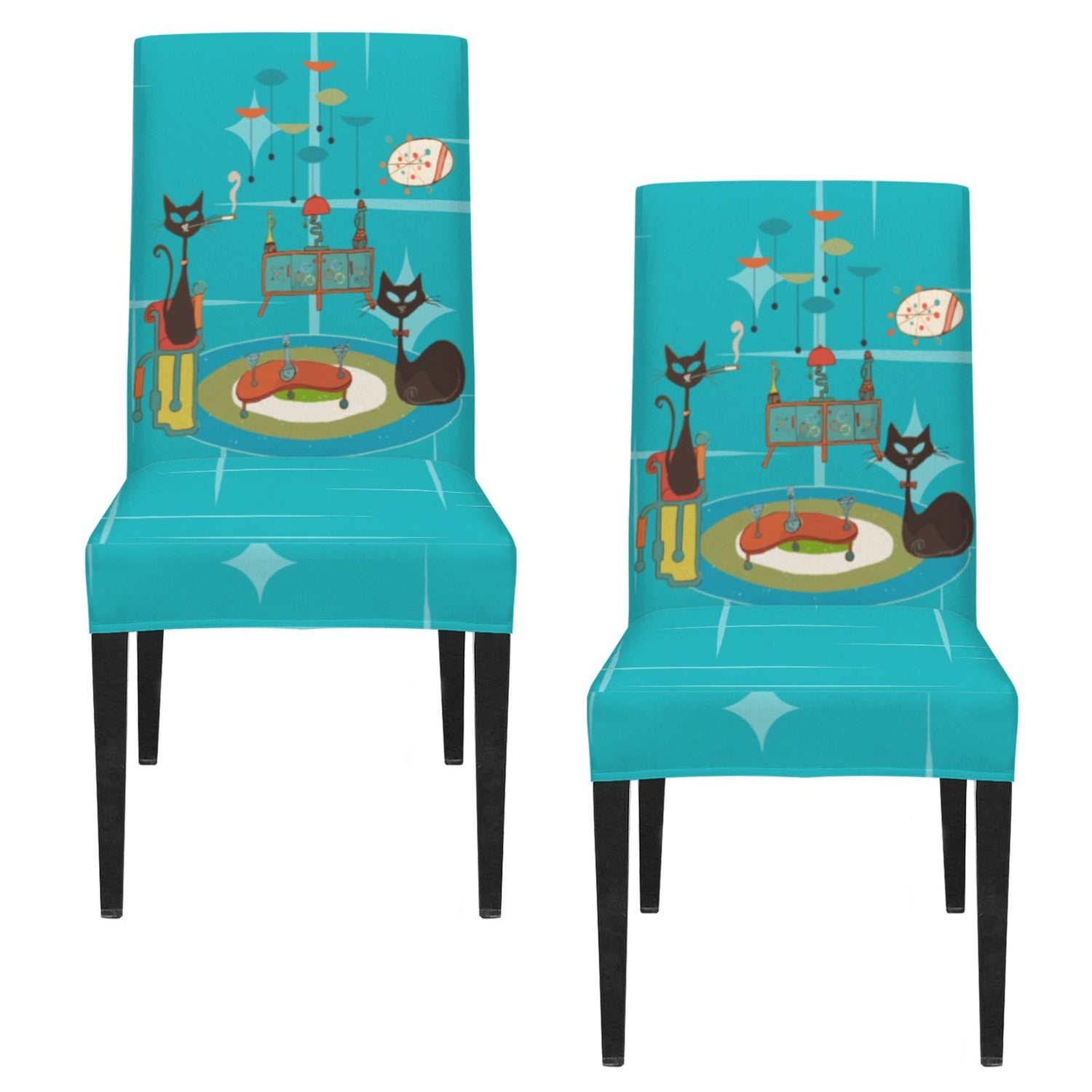 Kate McEnroe New York Retro Atomic Cat Mid Century Modern Turquoise Dining Chair CoversChair SlipcoversD3231157