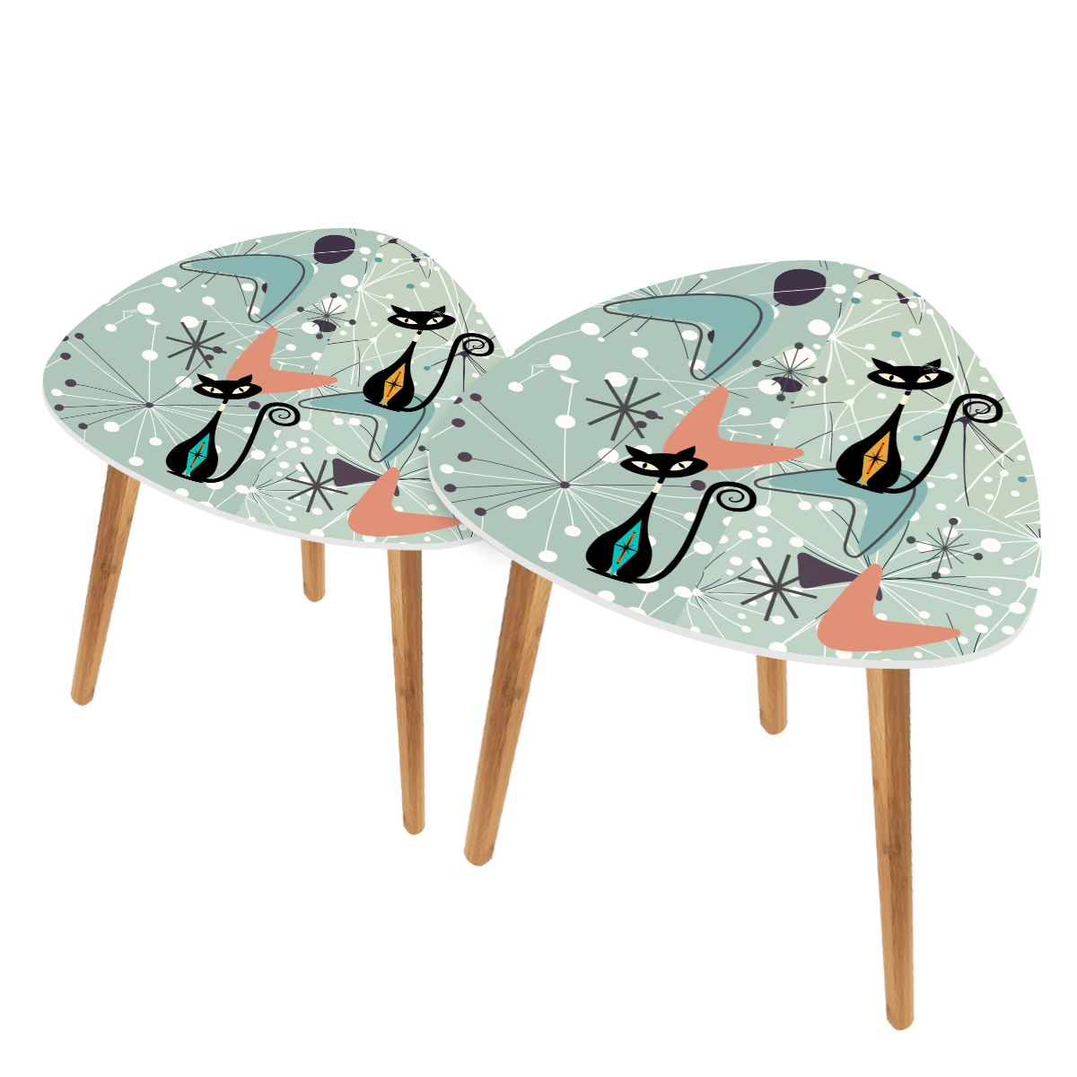 Kate McEnroe New York Retro Atomic Cat Nesting Tables, Mid Century Modern Boomerang Starburst, Teal Coral Space Age FurnitureNesting TablesQqtSajbqpY