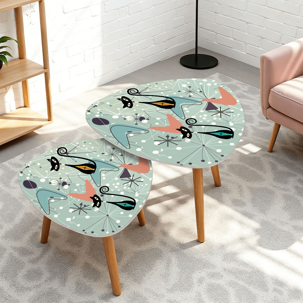 Kate McEnroe New York Retro Atomic Cat Nesting Tables, Mid Century Modern Boomerang Starburst, Teal Coral Space Age FurnitureNesting TablesQqtSajbqpY