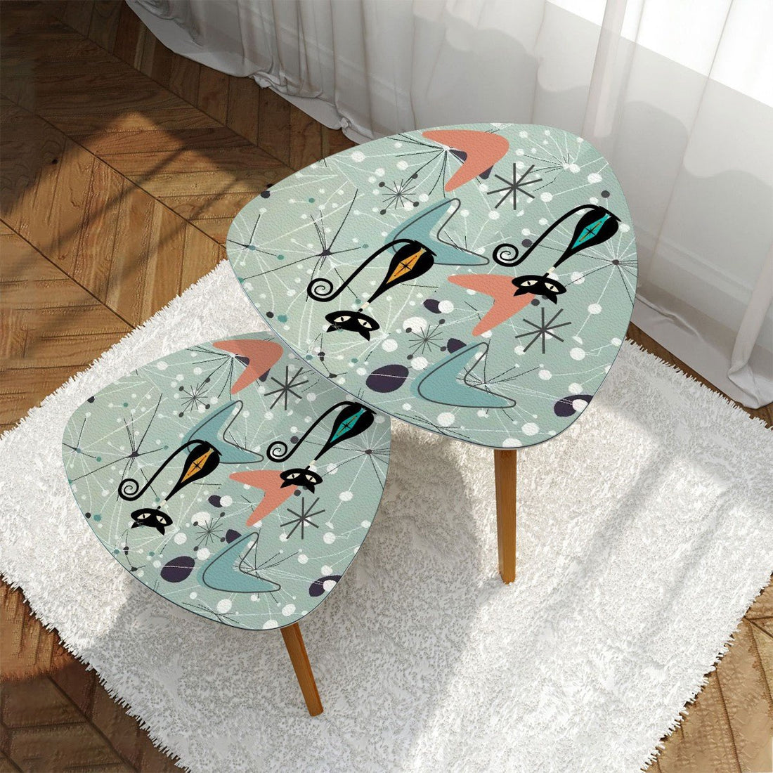 Kate McEnroe New York Retro Atomic Cat Nesting Tables, Mid Century Modern Boomerang Starburst, Teal Coral Space Age FurnitureNesting TablesQqtSajbqpY