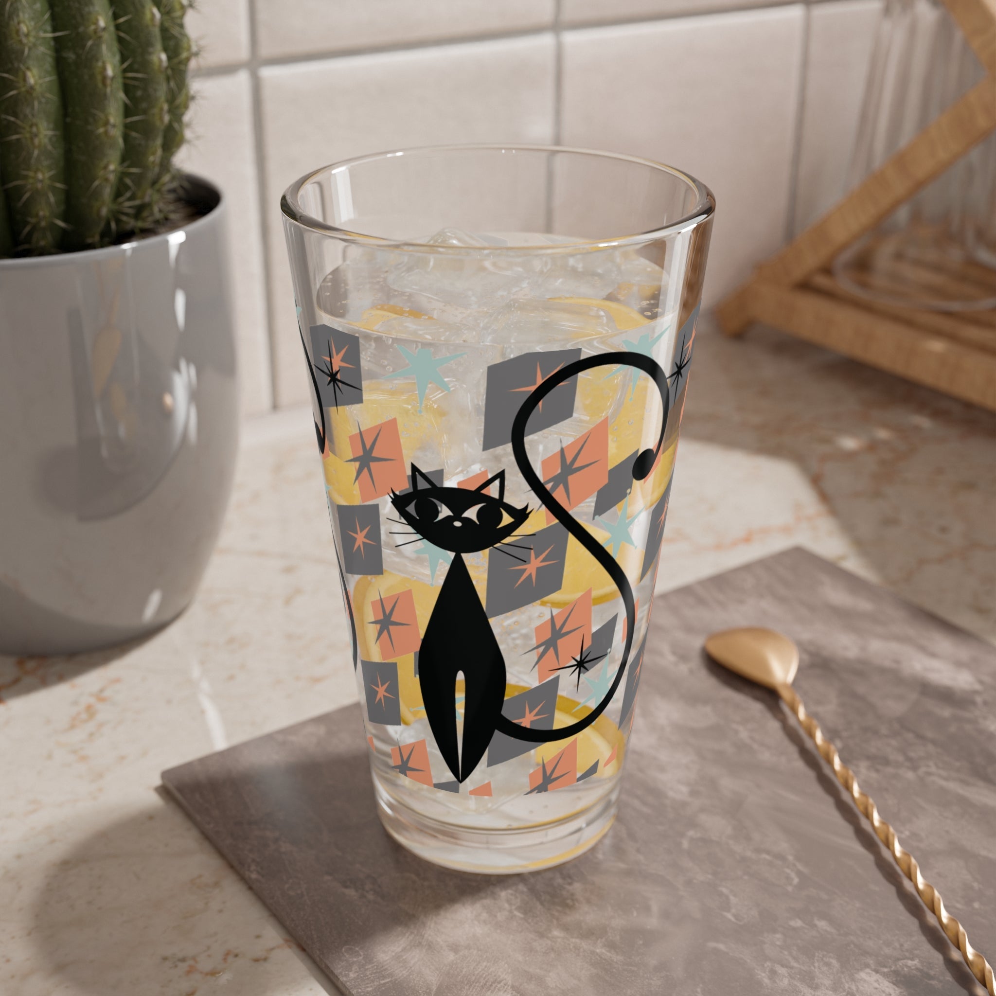 Kate McEnroe New York Retro Atomic Cat Pint Glass, Mid Century Mod Starburst Pattern, 1950s Space Age Cocktail GlassPint Glasses22508292566092691306