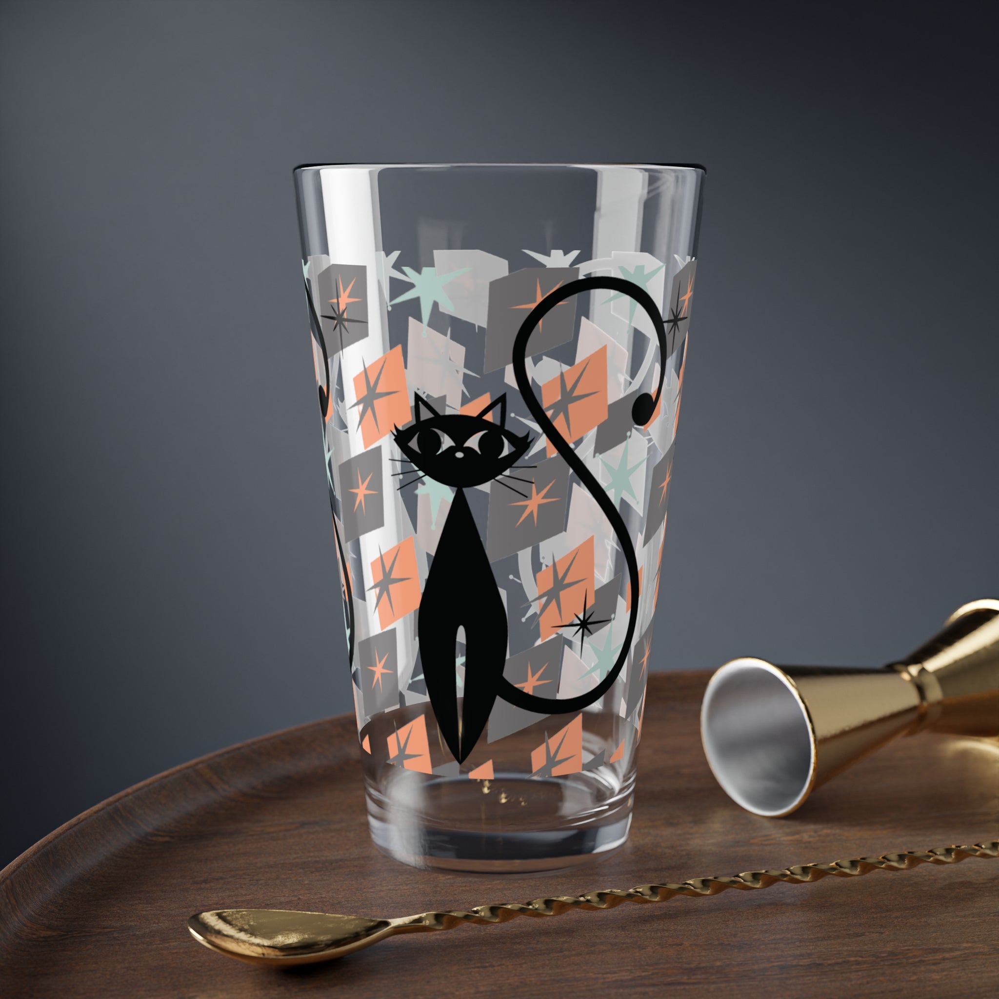 Kate McEnroe New York Retro Atomic Cat Pint Glass, Mid Century Mod Starburst Pattern, 1950s Space Age Cocktail GlassPint Glasses22508292566092691306