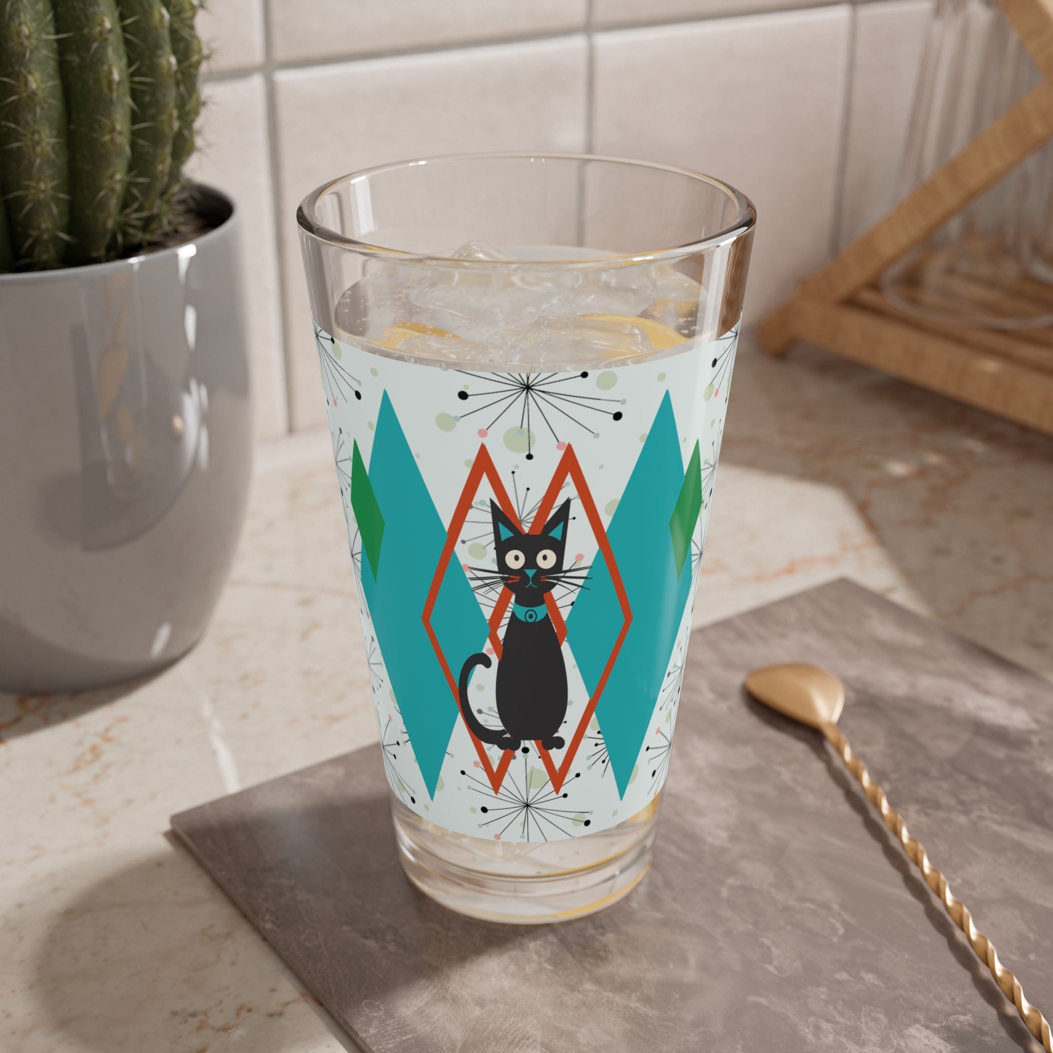 Kate McEnroe New York Retro Atomic Cat Pint Glass, Teal Diamond Mid Century Modern Barware, Space Age 50s DrinkwarePint Glasses20487187440436102021