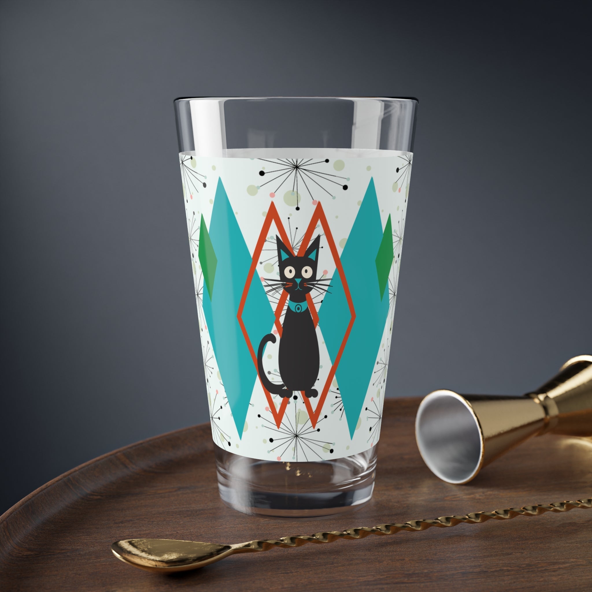 Kate McEnroe New York Retro Atomic Cat Pint Glass, Teal Diamond Mid Century Modern Barware, Space Age 50s DrinkwarePint Glasses20487187440436102021