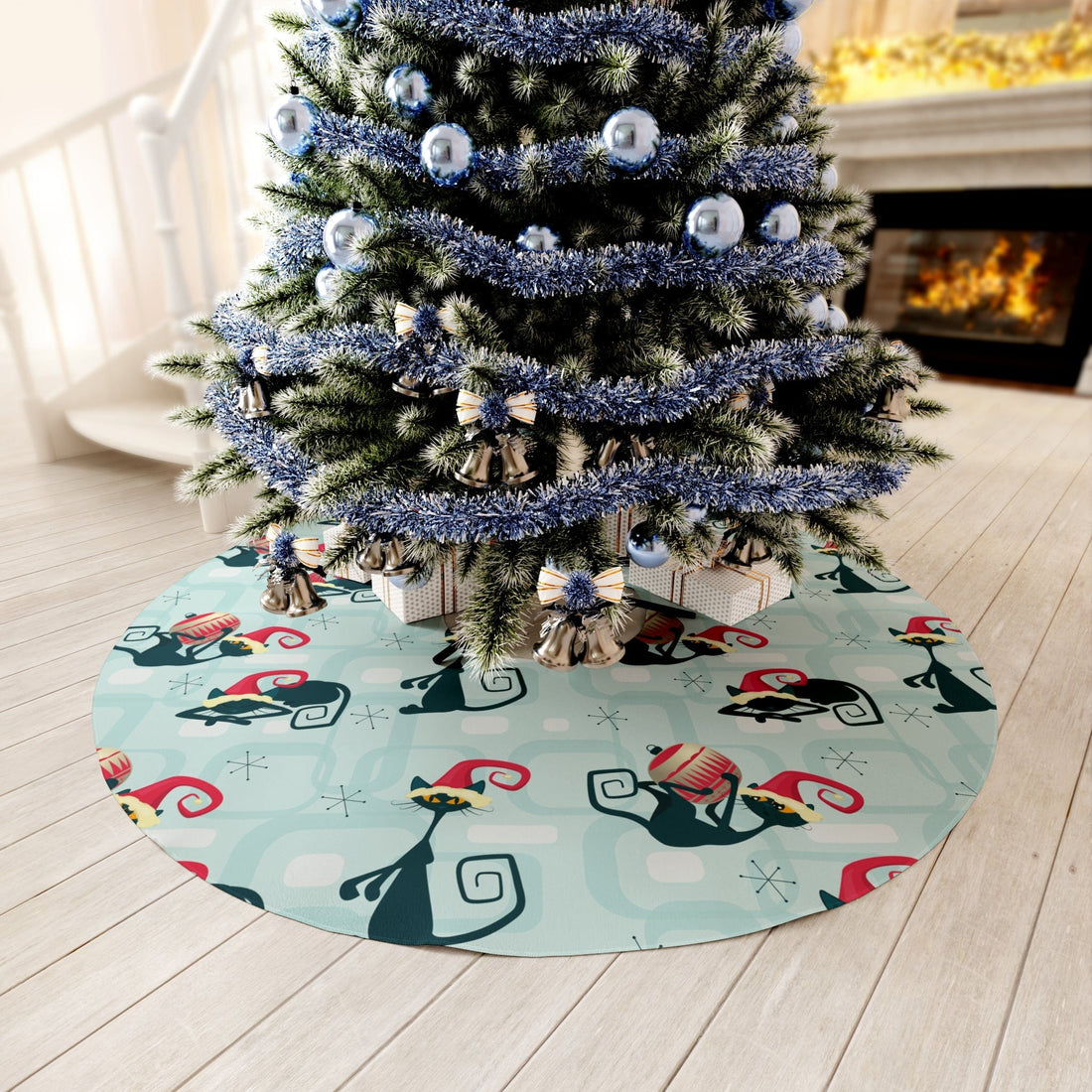 Printify Retro Atomic Cat Round Tree Skirt, 70s Mid Century Modern Christmas Decor Home Decor 57&