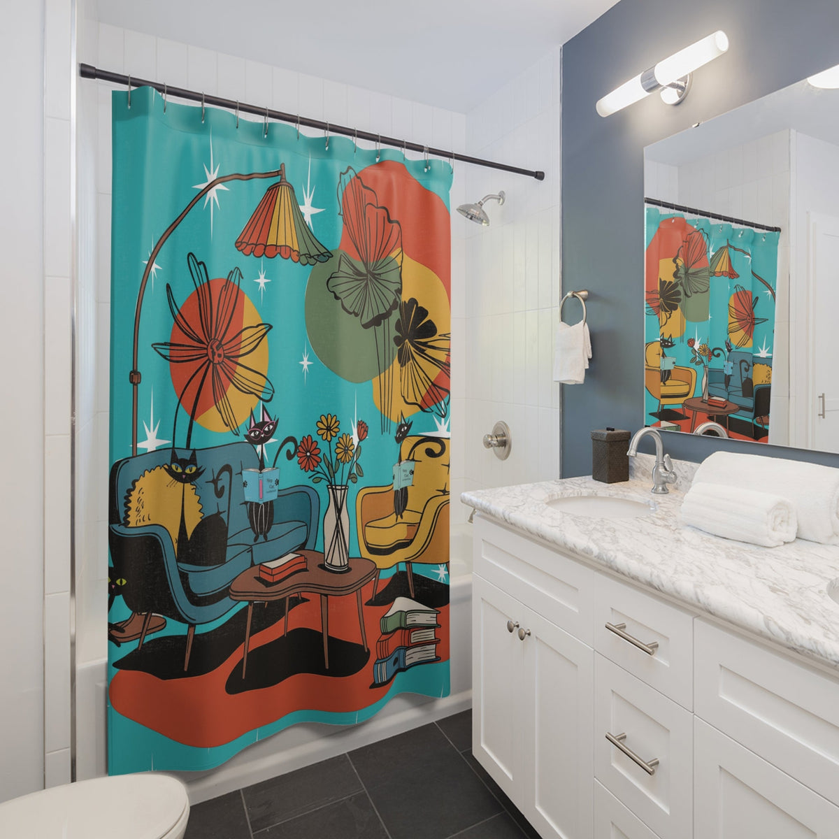 Kate McEnroe New York Retro Atomic Cat Shower Curtain, Mid Century Modern Bathroom Decor, MCM Bookish Lounge 50s Kitsch CurtainShower Curtains53705696308852237720